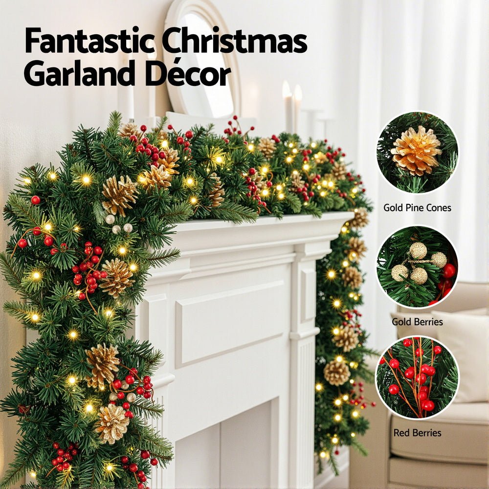 1.8M Christmas Garland Pre-lit LED Pine Cones Berries Xmas Decor - Occasions > Christmas > Christmas Wreaths & Garlands - Rivercity House & Home Co. (ABN 18 642 972 209) - Affordable Modern Furniture Australia