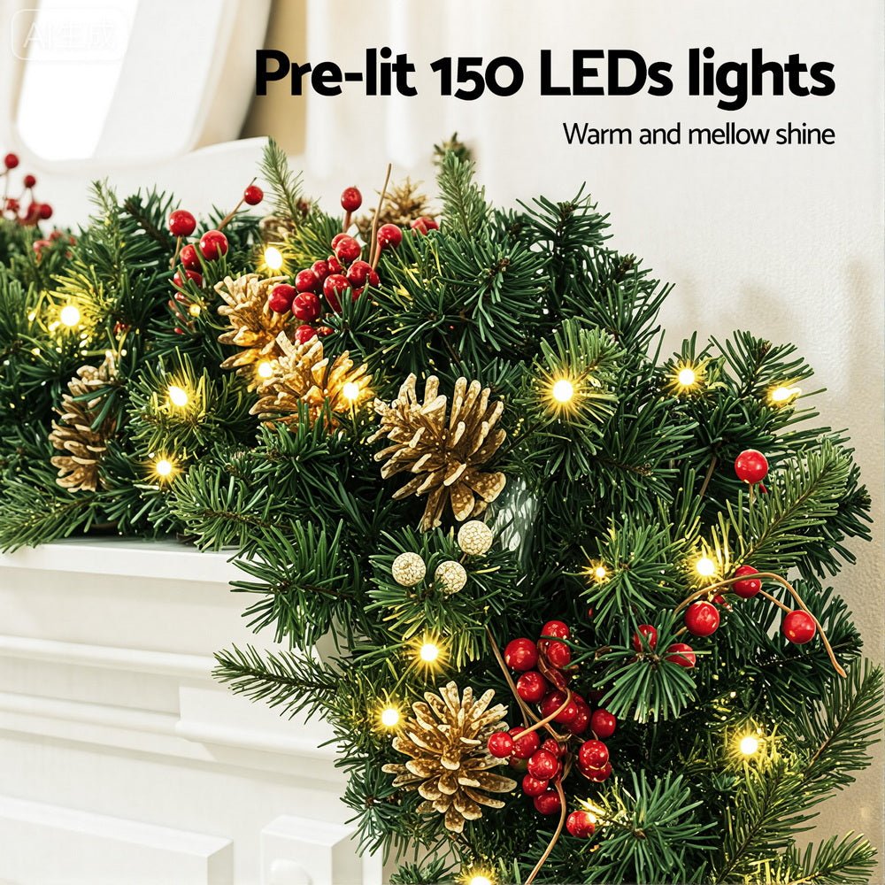 1.8M Christmas Garland Pre-lit LED Pine Cones Berries Xmas Decor - Occasions > Christmas > Christmas Wreaths & Garlands - Rivercity House & Home Co. (ABN 18 642 972 209) - Affordable Modern Furniture Australia