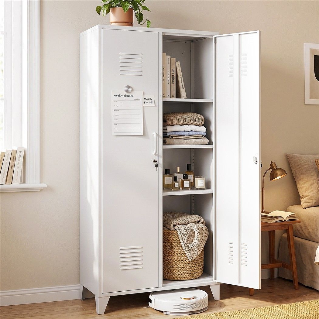 2-Door Wardrobe Lockable Cabinet Storage Closet Hanging Rail Adjustable Shelves Cream White - Home & Garden > Storage > Clothing & Wardrobe Storage - Rivercity House & Home Co. (ABN 18 642 972 209) - Affordable Modern Furniture Australia