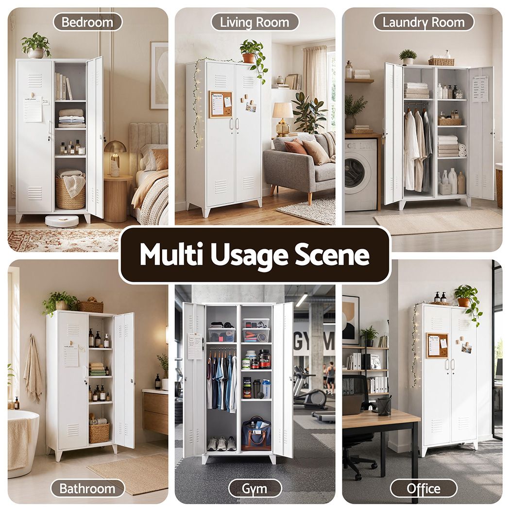2-Door Wardrobe Lockable Cabinet Storage Closet Hanging Rail Adjustable Shelves Cream White - Home & Garden > Storage > Clothing & Wardrobe Storage - Rivercity House & Home Co. (ABN 18 642 972 209) - Affordable Modern Furniture Australia