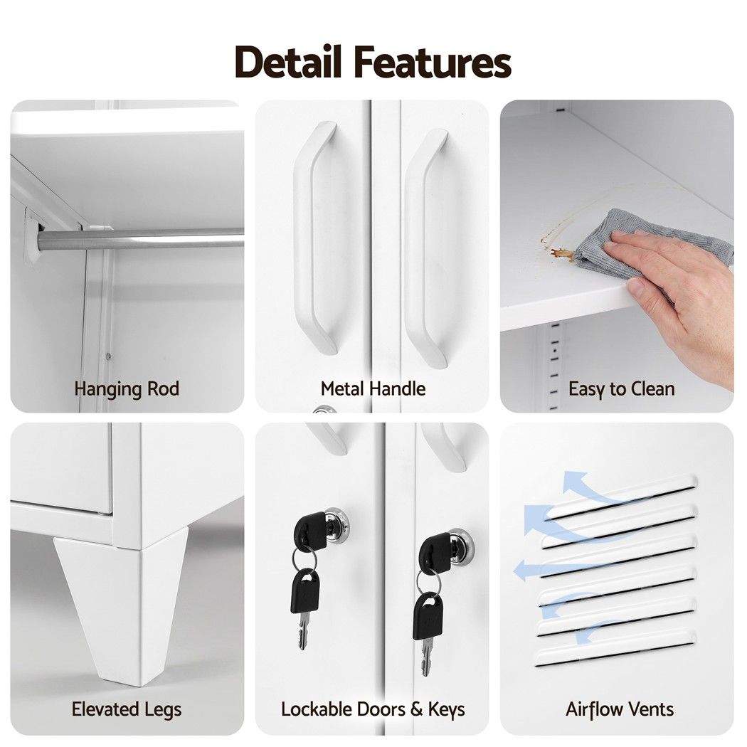 2-Door Wardrobe Lockable Cabinet Storage Closet Hanging Rail Adjustable Shelves Cream White - Home & Garden > Storage > Clothing & Wardrobe Storage - Rivercity House & Home Co. (ABN 18 642 972 209) - Affordable Modern Furniture Australia