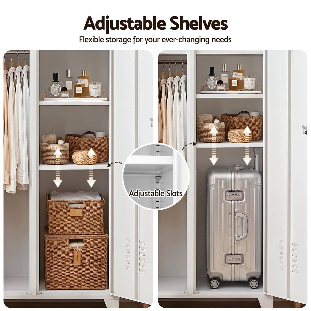 2-Door Wardrobe Lockable Cabinet Storage Closet Hanging Rail Adjustable Shelves Cream White - Home & Garden > Storage > Clothing & Wardrobe Storage - Rivercity House & Home Co. (ABN 18 642 972 209) - Affordable Modern Furniture Australia