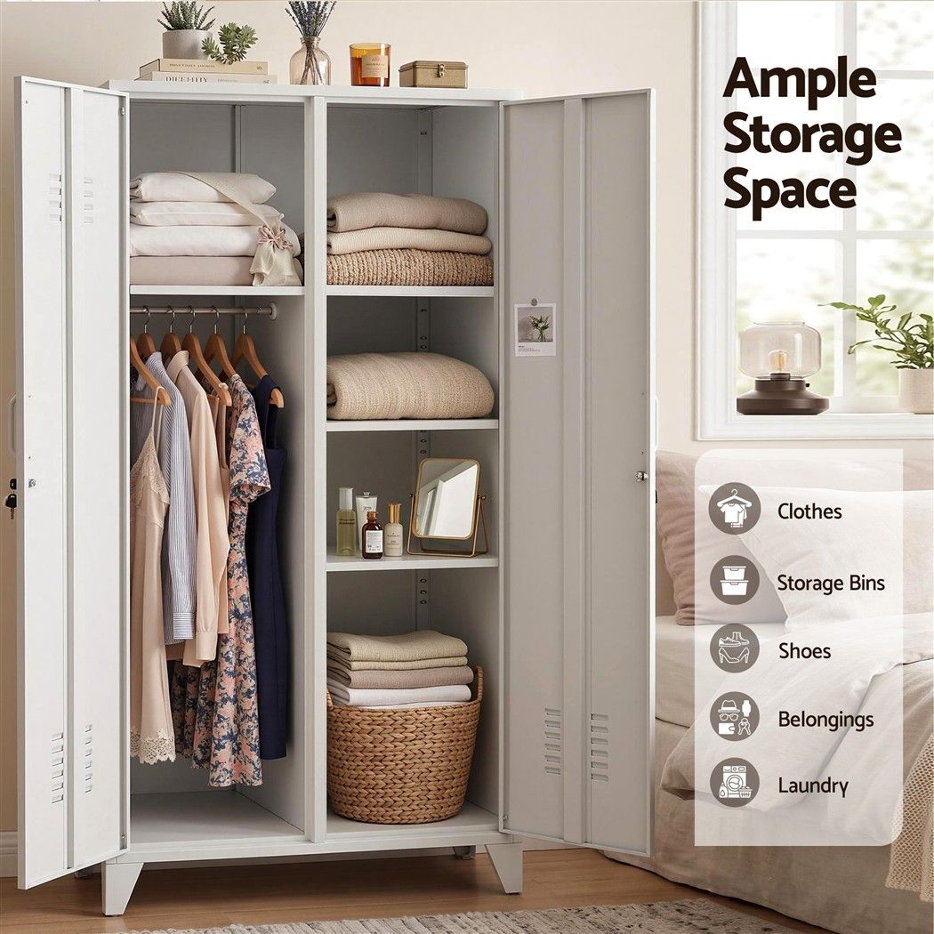 2-Door Wardrobe Lockable Cabinet Storage Closet Hanging Rail Adjustable Shelves Cream White - Home & Garden > Storage > Clothing & Wardrobe Storage - Rivercity House & Home Co. (ABN 18 642 972 209) - Affordable Modern Furniture Australia