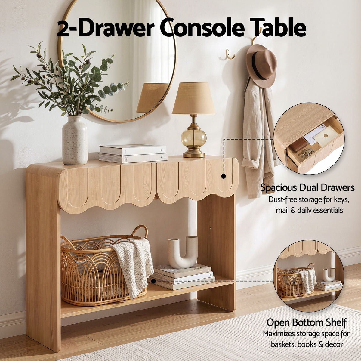 2-Drawer Scalloped Console Table with Rounded Corners 100x31x80 cm - Wood - Furniture > Living Room > Side Tables - Rivercity House & Home Co. (ABN 18 642 972 209) - Affordable Modern Furniture Australia