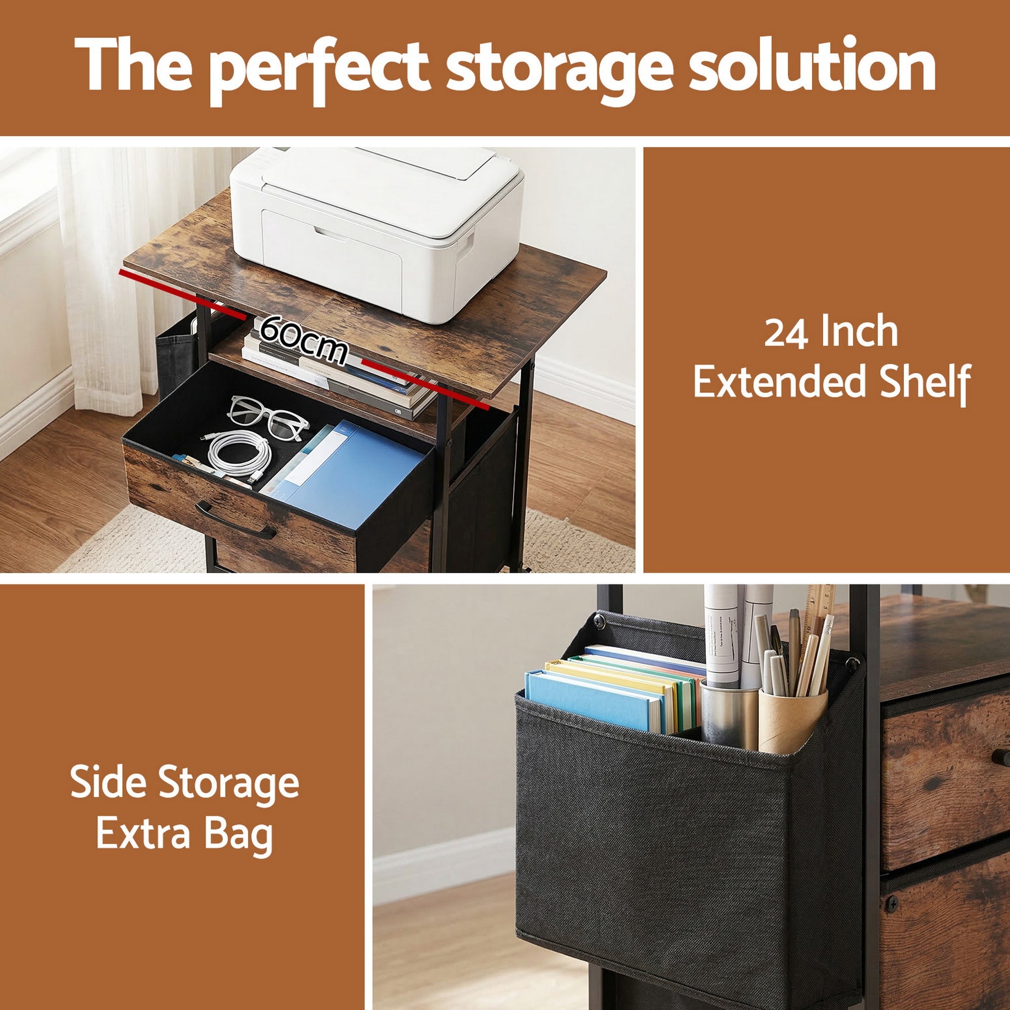 2 Fabric Drawer File Cabinet Printer Stand Rolling File Cabinet with Side Bag - Furniture > Office > Storage Cabinets - Rivercity House & Home Co. (ABN 18 642 972 209) - Affordable Modern Furniture Australia