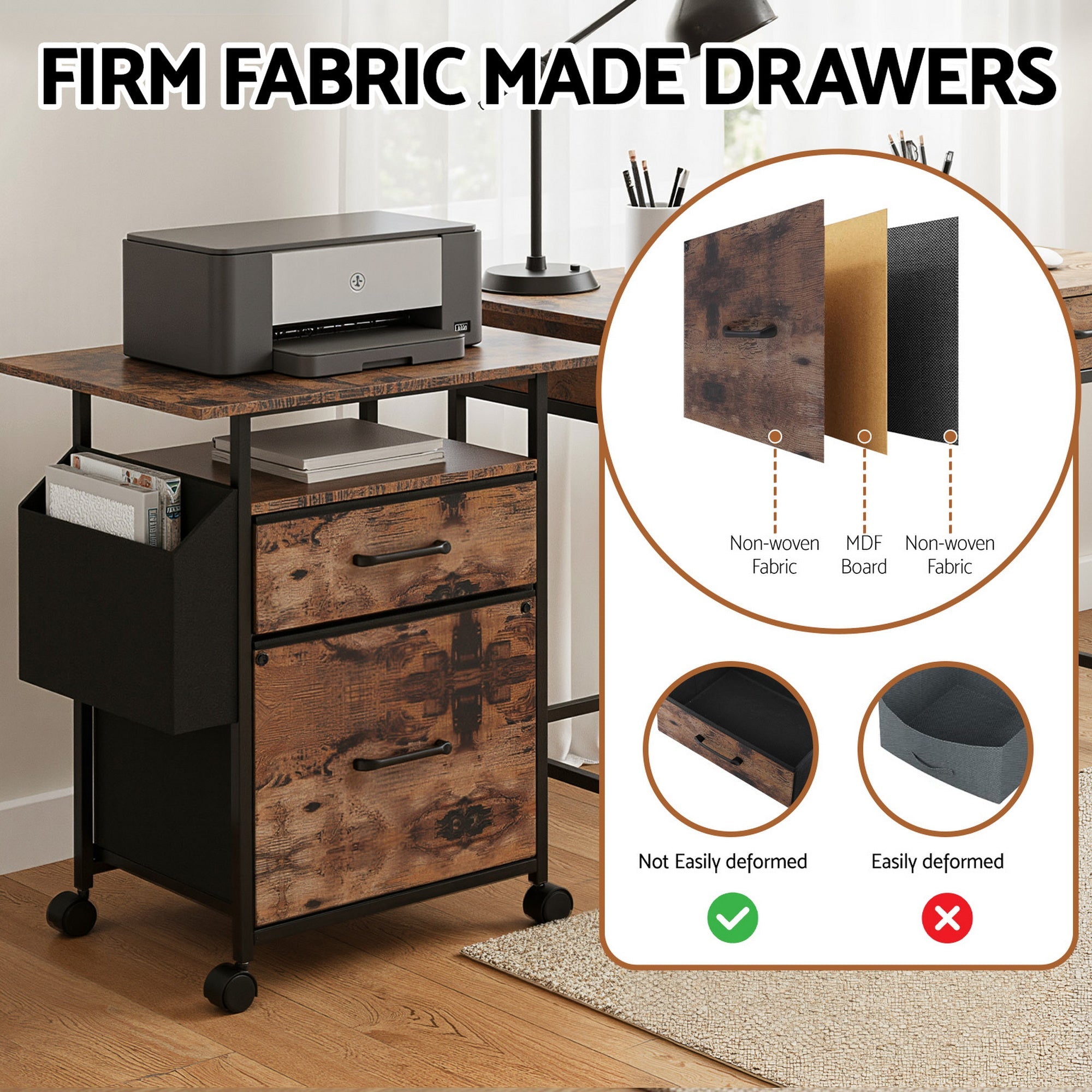 2 Fabric Drawer File Cabinet Printer Stand Rolling File Cabinet with Side Bag - Furniture > Office > Storage Cabinets - Rivercity House & Home Co. (ABN 18 642 972 209) - Affordable Modern Furniture Australia