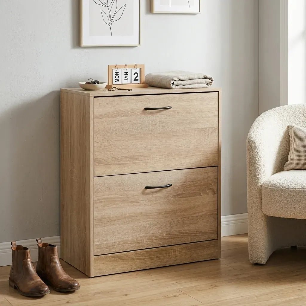 2 Flip Drawer Slim Shoe Storage Cabinet with Hidden Storage - Oak - Furniture > Living Room > Shoe Storage - Rivercity House & Home Co. (ABN 18 642 972 209) - Affordable Modern Furniture Australia