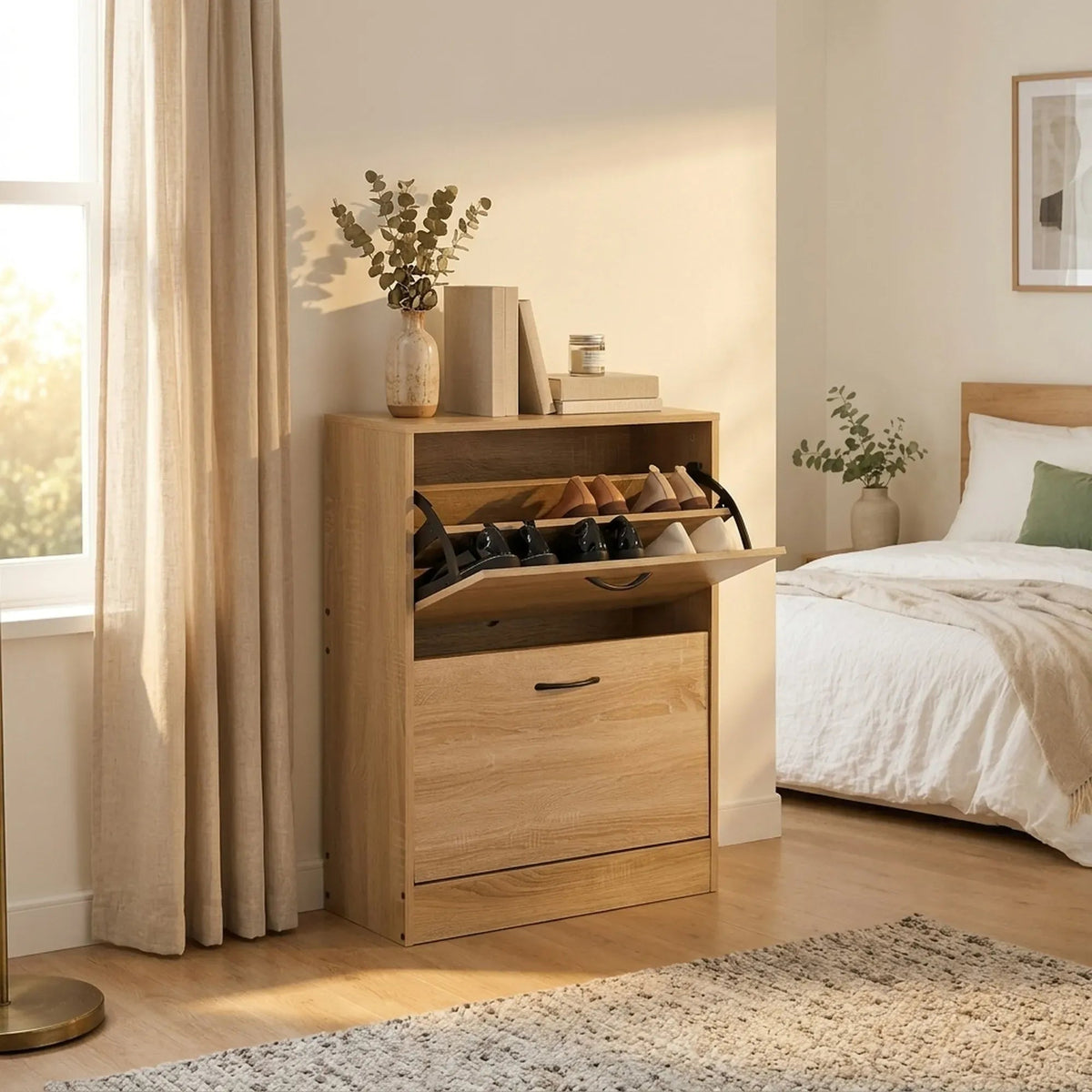 2 Flip Drawer Slim Shoe Storage Cabinet with Hidden Storage - Oak - Furniture > Living Room > Shoe Storage - Rivercity House & Home Co. (ABN 18 642 972 209) - Affordable Modern Furniture Australia