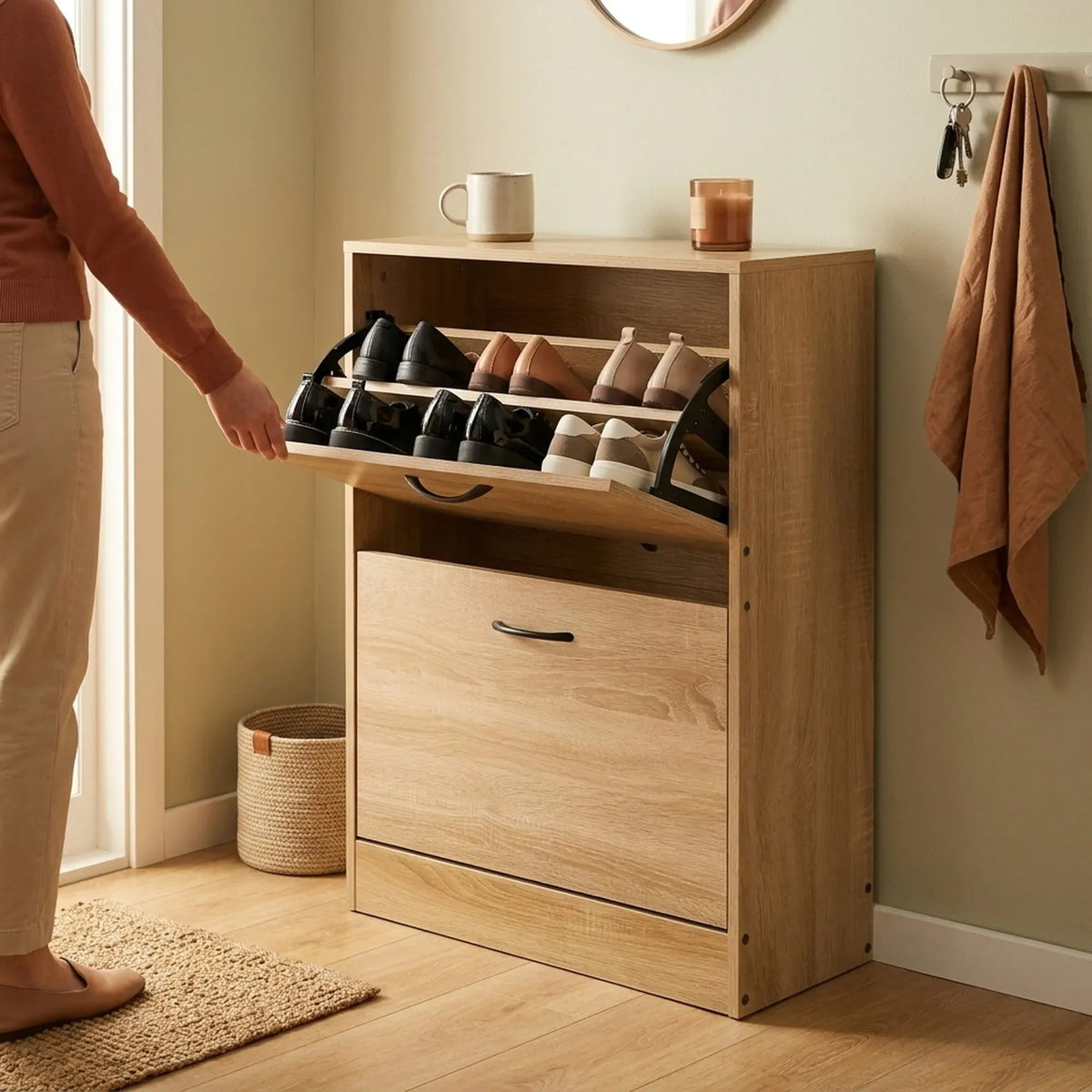2 Flip Drawer Slim Shoe Storage Cabinet with Hidden Storage - Oak - Furniture > Living Room > Shoe Storage - Rivercity House & Home Co. (ABN 18 642 972 209) - Affordable Modern Furniture Australia