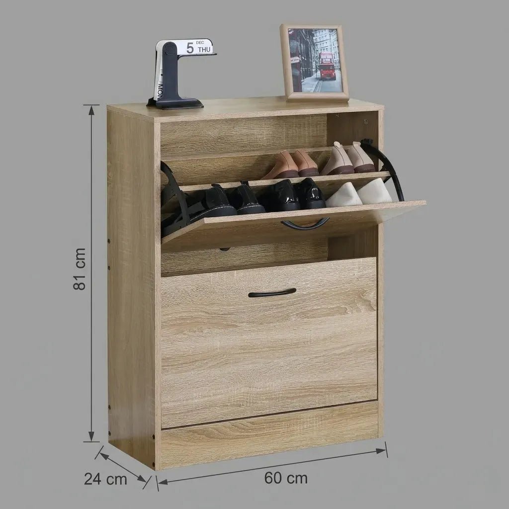 2 Flip Drawer Slim Shoe Storage Cabinet with Hidden Storage - Oak - Furniture > Living Room > Shoe Storage - Rivercity House & Home Co. (ABN 18 642 972 209) - Affordable Modern Furniture Australia