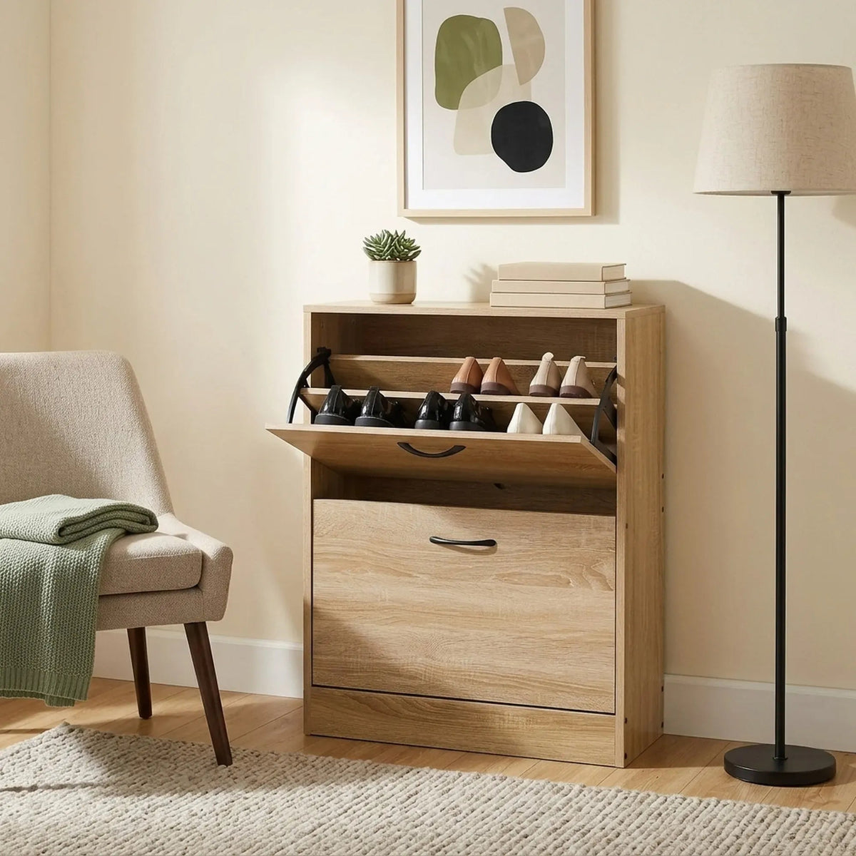 2 Flip Drawer Slim Shoe Storage Cabinet with Hidden Storage - Oak - Furniture > Living Room > Shoe Storage - Rivercity House & Home Co. (ABN 18 642 972 209) - Affordable Modern Furniture Australia