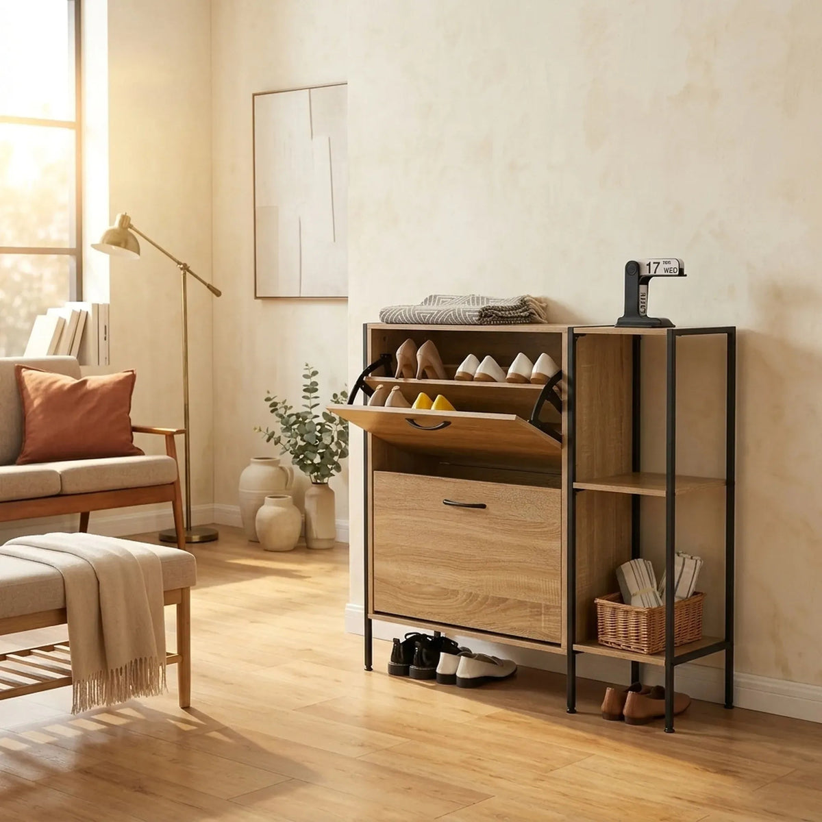 2 Flip Shoe Cabinet with Side Shelf 88 cm Oak - Brown - Furniture > Living Room > Shoe Storage - Rivercity House & Home Co. (ABN 18 642 972 209) - Affordable Modern Furniture Australia