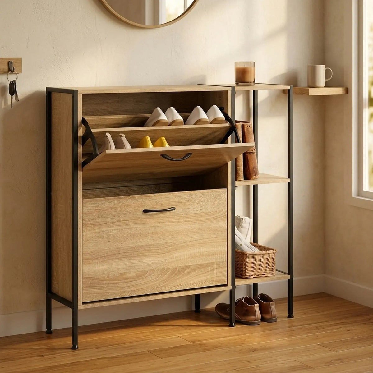 2 Flip Shoe Cabinet with Side Shelf 88 cm Oak - Brown - Furniture > Living Room > Shoe Storage - Rivercity House & Home Co. (ABN 18 642 972 209) - Affordable Modern Furniture Australia