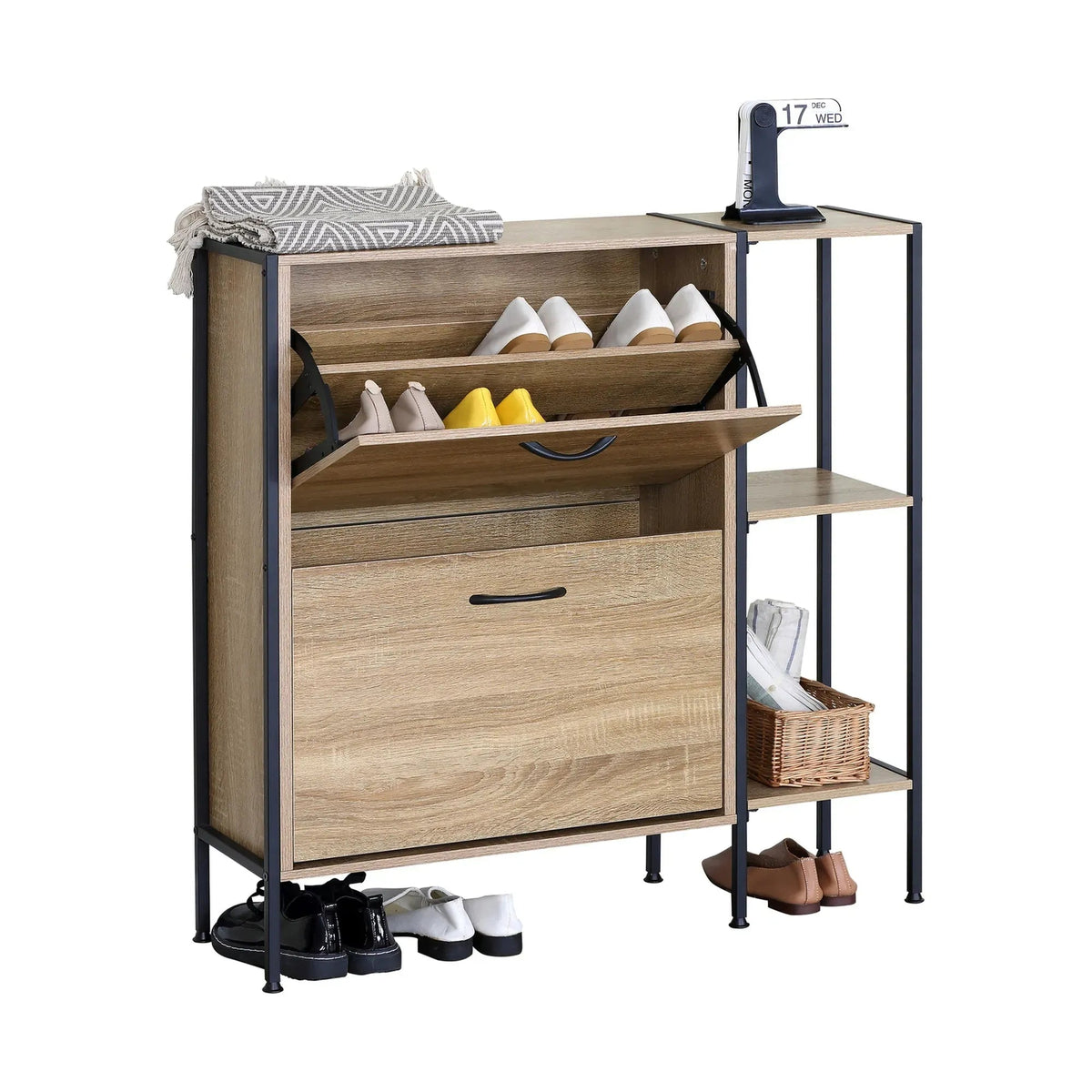 2 Flip Shoe Cabinet with Side Shelf 88 cm Oak - Brown - Furniture > Living Room > Shoe Storage - Rivercity House & Home Co. (ABN 18 642 972 209) - Affordable Modern Furniture Australia