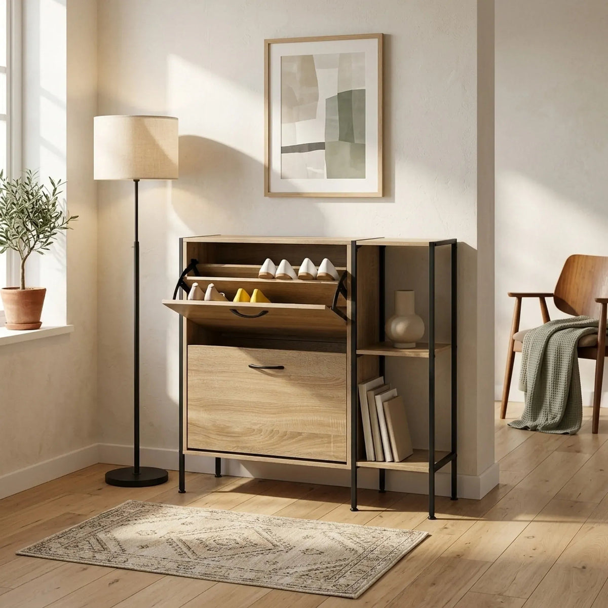 2 Flip Shoe Cabinet with Side Shelf 88 cm Oak - Brown - Furniture > Living Room > Shoe Storage - Rivercity House & Home Co. (ABN 18 642 972 209) - Affordable Modern Furniture Australia