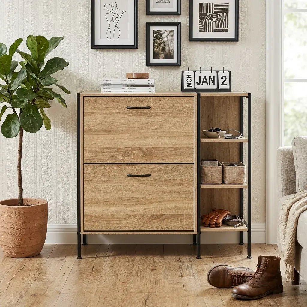 2 Flip Shoe Cabinet with Side Shelf 88 cm Oak - Brown - Furniture > Living Room > Shoe Storage - Rivercity House & Home Co. (ABN 18 642 972 209) - Affordable Modern Furniture Australia