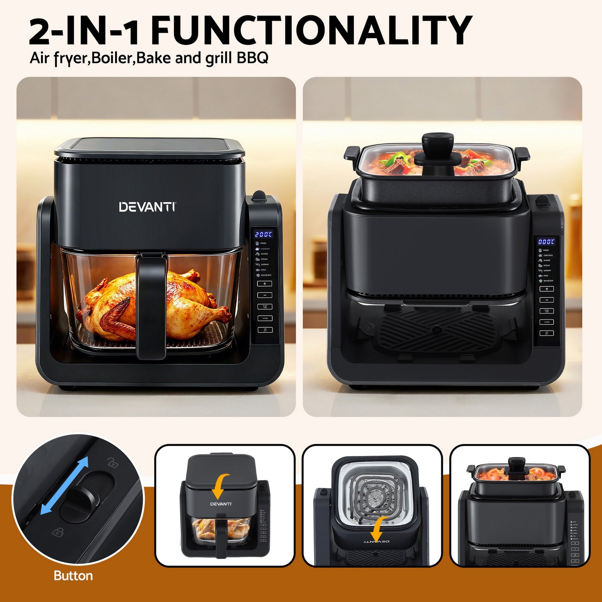 2 - IN - 1 Air Fryer 5.5L Dual Zone Fryers Electric Cooker with Top BBQ Grill & Bot - Appliances > Kitchen Appliances > Air Fryers - Rivercity House & Home Co. (ABN 18 642 972 209) - Affordable Modern Furniture Australia