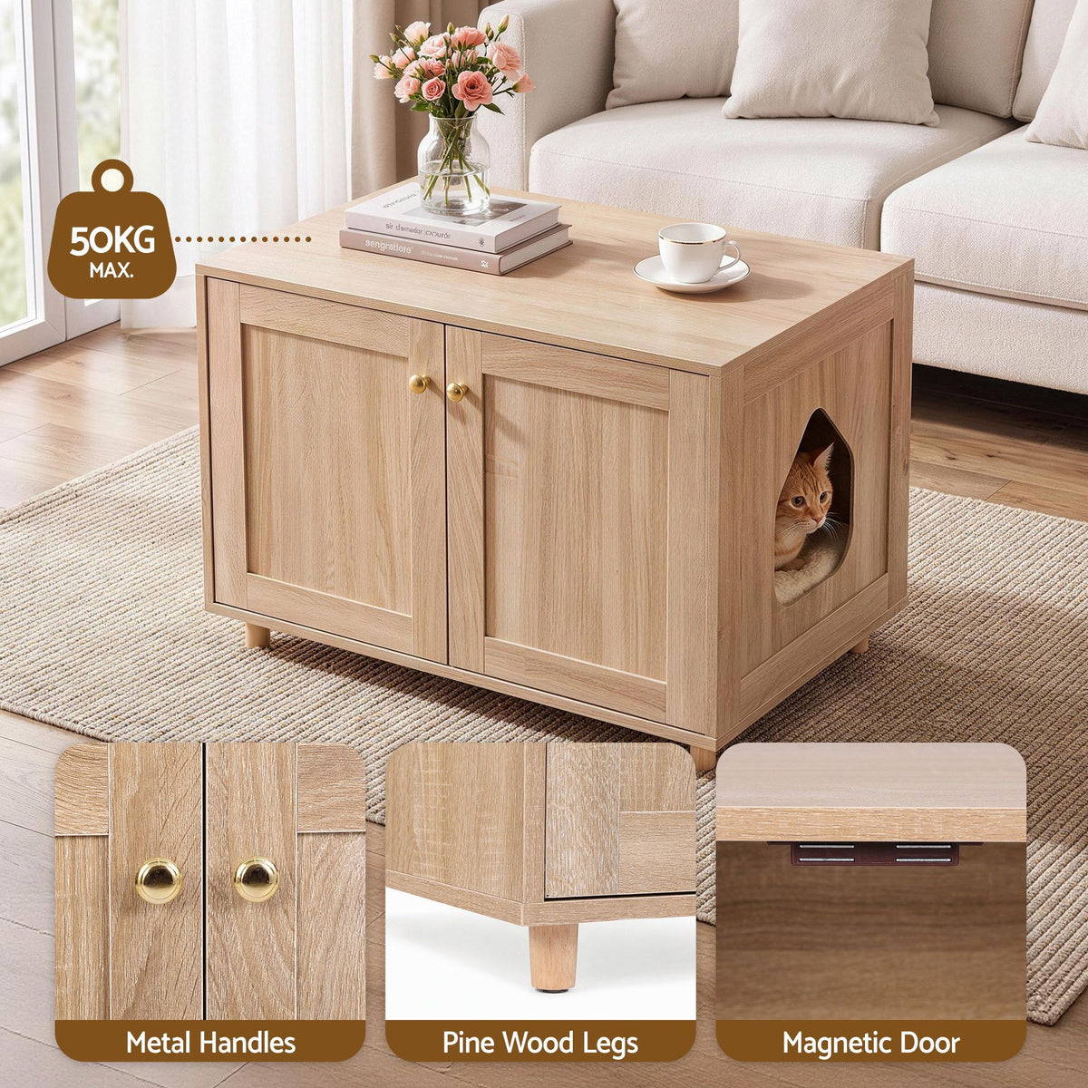 2-in-1 Coffee Table with Pet Cat House and Storage Cabinet 80x50x55cm Wood Finish - Furniture > Living Room > Coffee Tables - Rivercity House & Home Co. (ABN 18 642 972 209) - Affordable Modern Furniture Australia
