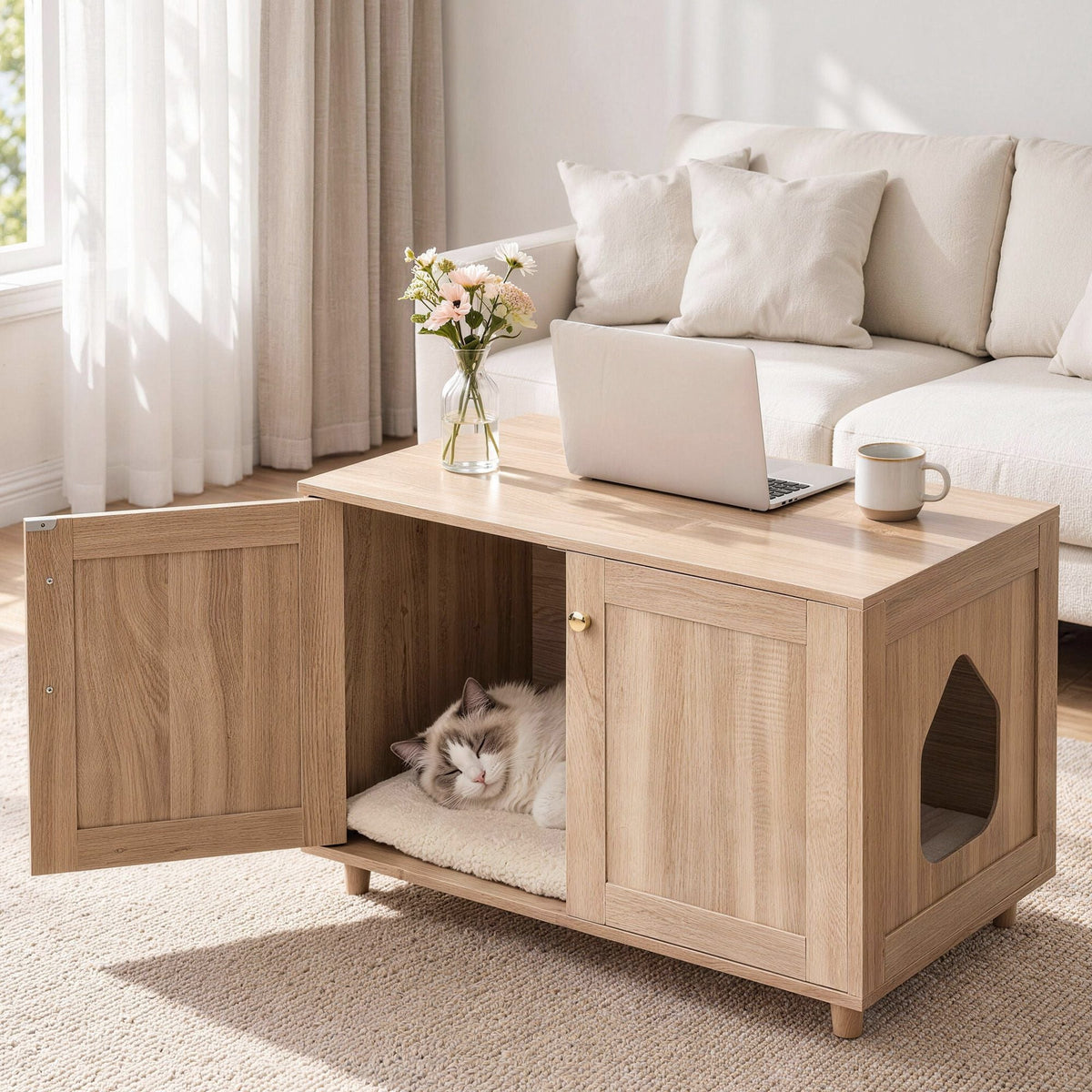 2-in-1 Coffee Table with Pet Cat House and Storage Cabinet 80x50x55cm Wood Finish - Furniture > Living Room > Coffee Tables - Rivercity House & Home Co. (ABN 18 642 972 209) - Affordable Modern Furniture Australia