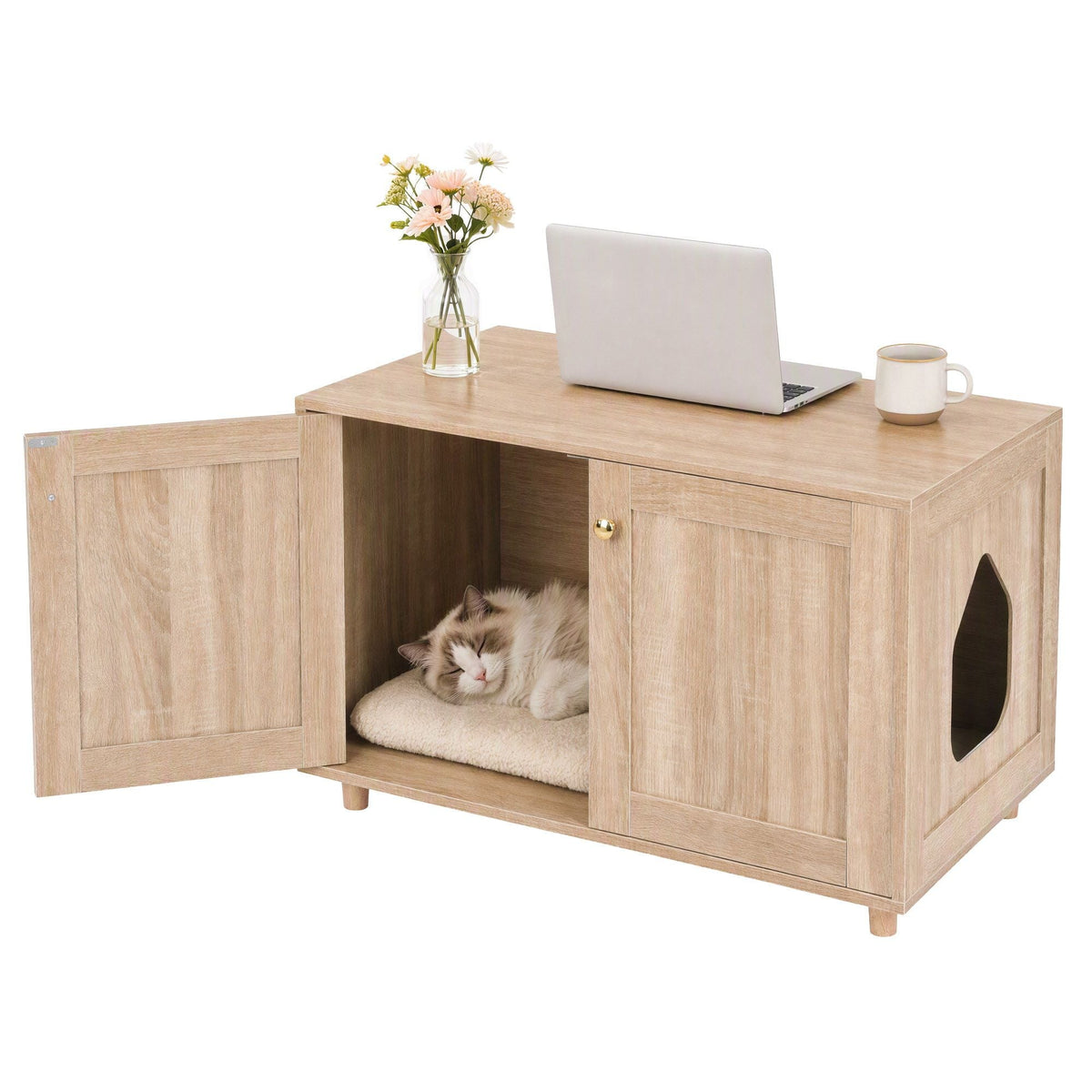 2-in-1 Coffee Table with Pet Cat House and Storage Cabinet 80x50x55cm Wood Finish - Furniture > Living Room > Coffee Tables - Rivercity House & Home Co. (ABN 18 642 972 209) - Affordable Modern Furniture Australia