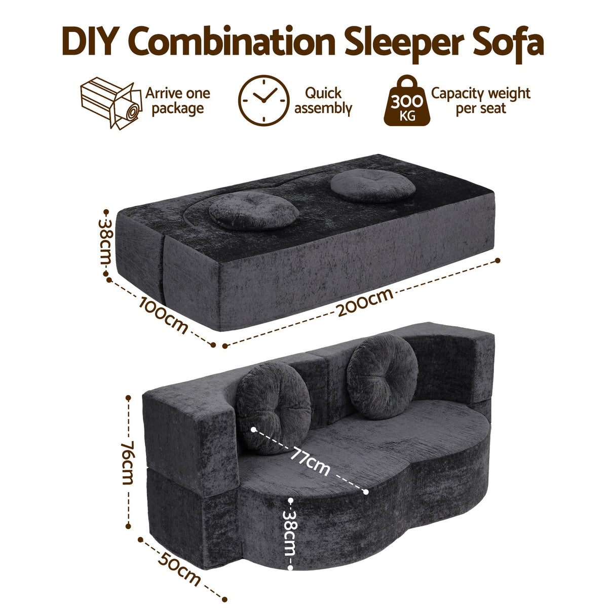 2 in 1 Convertible Boneless Folding Sofa Bed with High Density Sponge and 2 Pillows - Grey - Furniture > Sofas > Sofas & Sofa Beds - Rivercity House & Home Co. (ABN 18 642 972 209) - Affordable Modern Furniture Australia