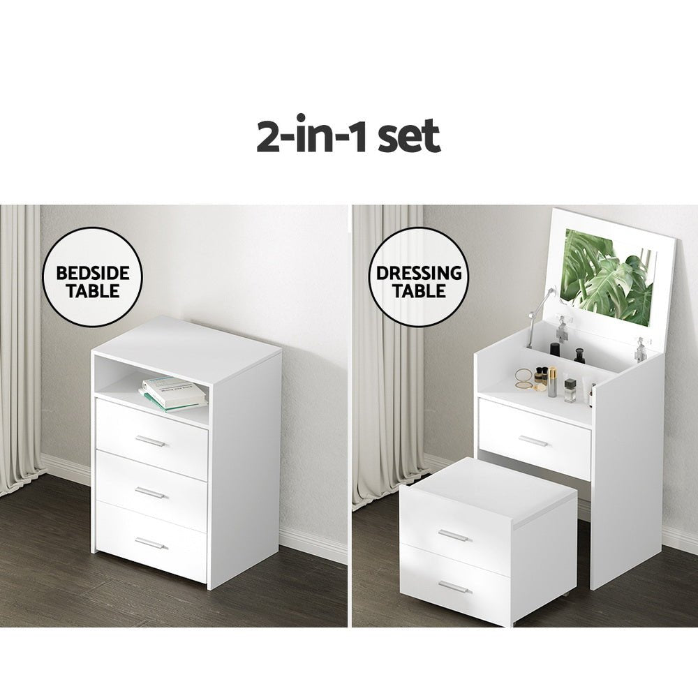 2 - in - 1 Dressing Table Stool Set Bedside Table White - Furniture > Bedroom > Dressing Vanity & Dressing Tables - Rivercity House & Home Co. (ABN 18 642 972 209) - Affordable Modern Furniture Australia