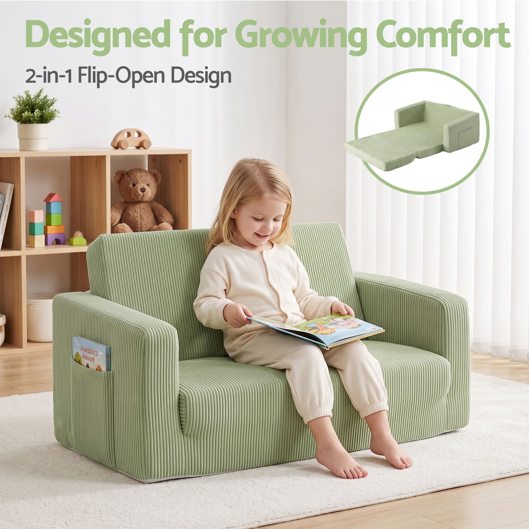 2-in-1 Kids Sofa with Side Pocket and Removable Cover 76x44x39cm - Light Green - Furniture > Sofas > Sofas & Sofa Beds - Rivercity House & Home Co. (ABN 18 642 972 209) - Affordable Modern Furniture Australia