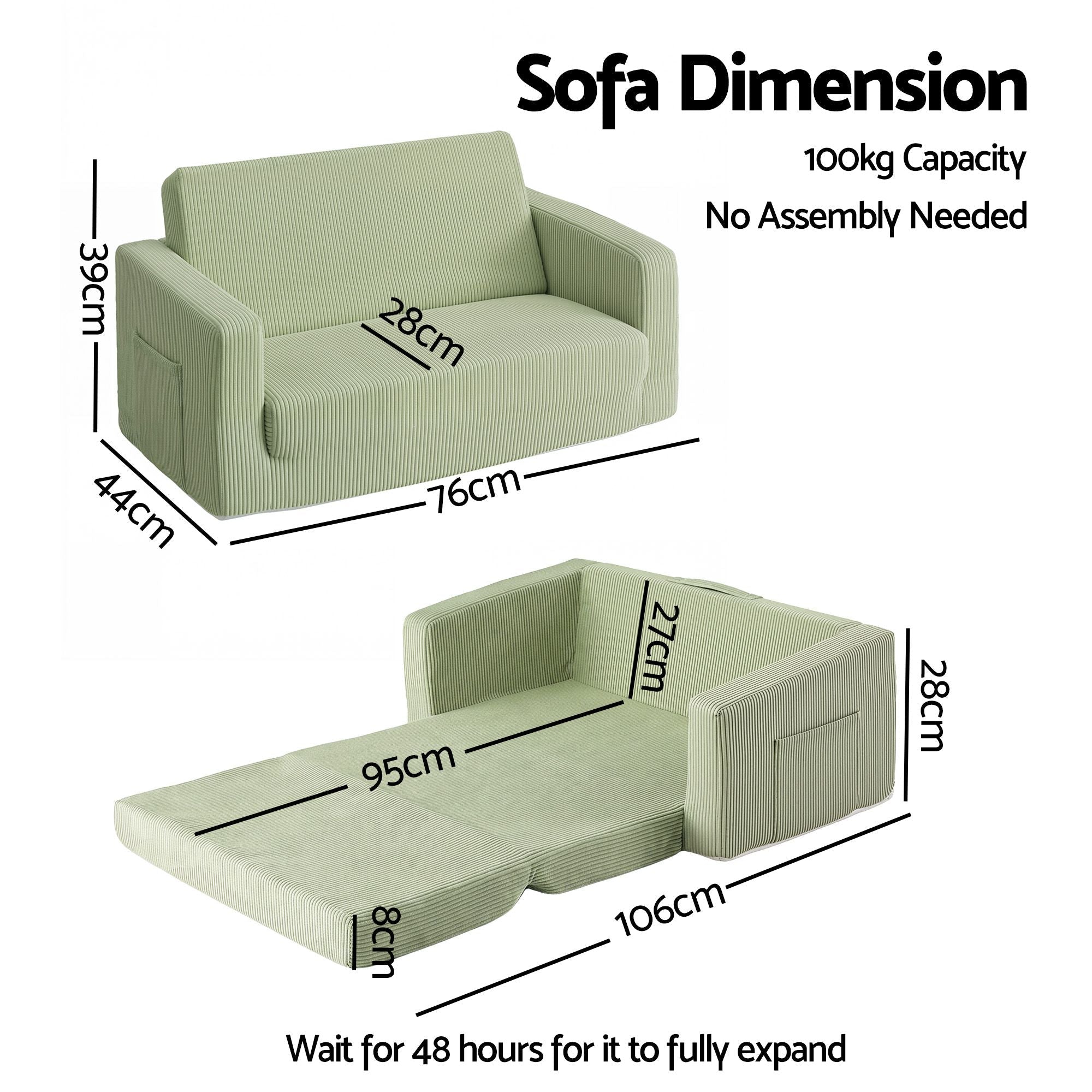 2-in-1 Kids Sofa with Side Pocket and Removable Cover 76x44x39cm - Light Green - Furniture > Sofas > Sofas & Sofa Beds - Rivercity House & Home Co. (ABN 18 642 972 209) - Affordable Modern Furniture Australia