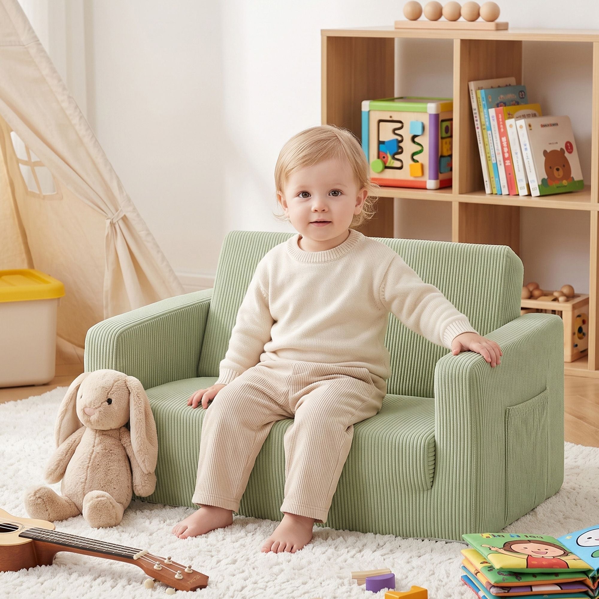 2-in-1 Kids Sofa with Side Pocket and Removable Cover 76x44x39cm - Light Green - Furniture > Sofas > Sofas & Sofa Beds - Rivercity House & Home Co. (ABN 18 642 972 209) - Affordable Modern Furniture Australia