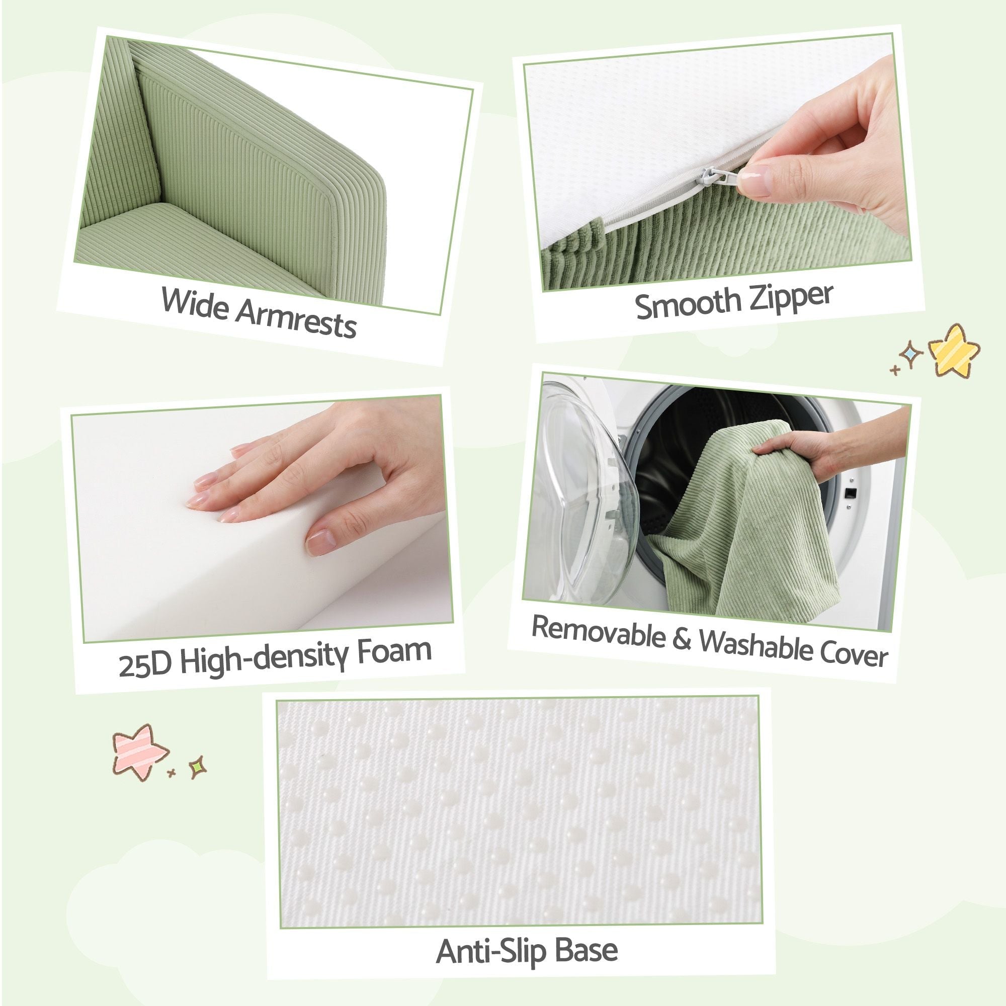 2-in-1 Kids Sofa with Side Pocket and Removable Cover 76x44x39cm - Light Green - Furniture > Sofas > Sofas & Sofa Beds - Rivercity House & Home Co. (ABN 18 642 972 209) - Affordable Modern Furniture Australia