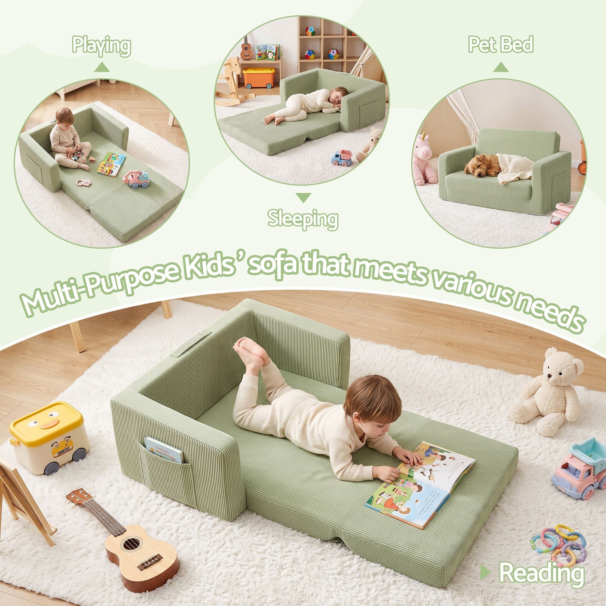 2-in-1 Kids Sofa with Side Pocket and Removable Cover 76x44x39cm - Light Green - Furniture > Sofas > Sofas & Sofa Beds - Rivercity House & Home Co. (ABN 18 642 972 209) - Affordable Modern Furniture Australia