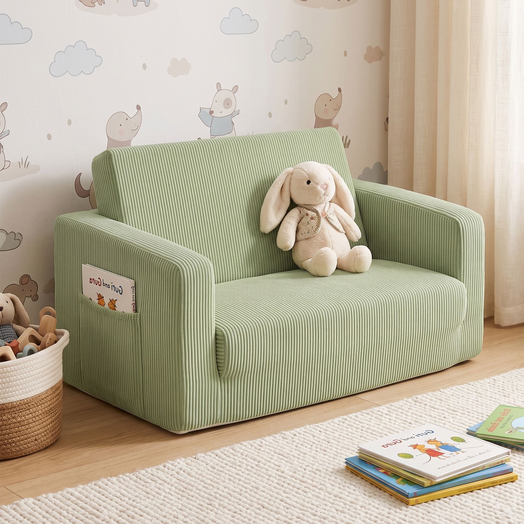 2-in-1 Kids Sofa with Side Pocket and Removable Cover 76x44x39cm - Light Green - Furniture > Sofas > Sofas & Sofa Beds - Rivercity House & Home Co. (ABN 18 642 972 209) - Affordable Modern Furniture Australia