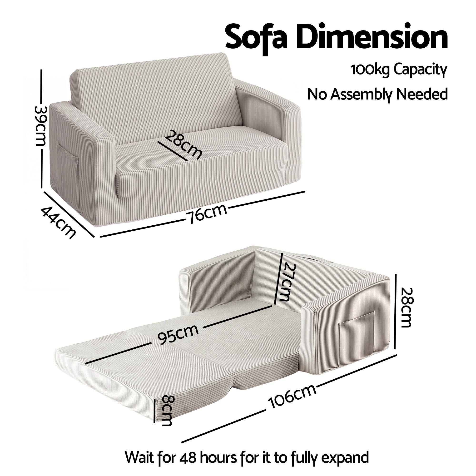 2-in-1 Kids Sofa with Side Pocket and Removable Cover 76x44x39cm - Light Grey - Furniture > Sofas > Sofas & Sofa Beds - Rivercity House & Home Co. (ABN 18 642 972 209) - Affordable Modern Furniture Australia