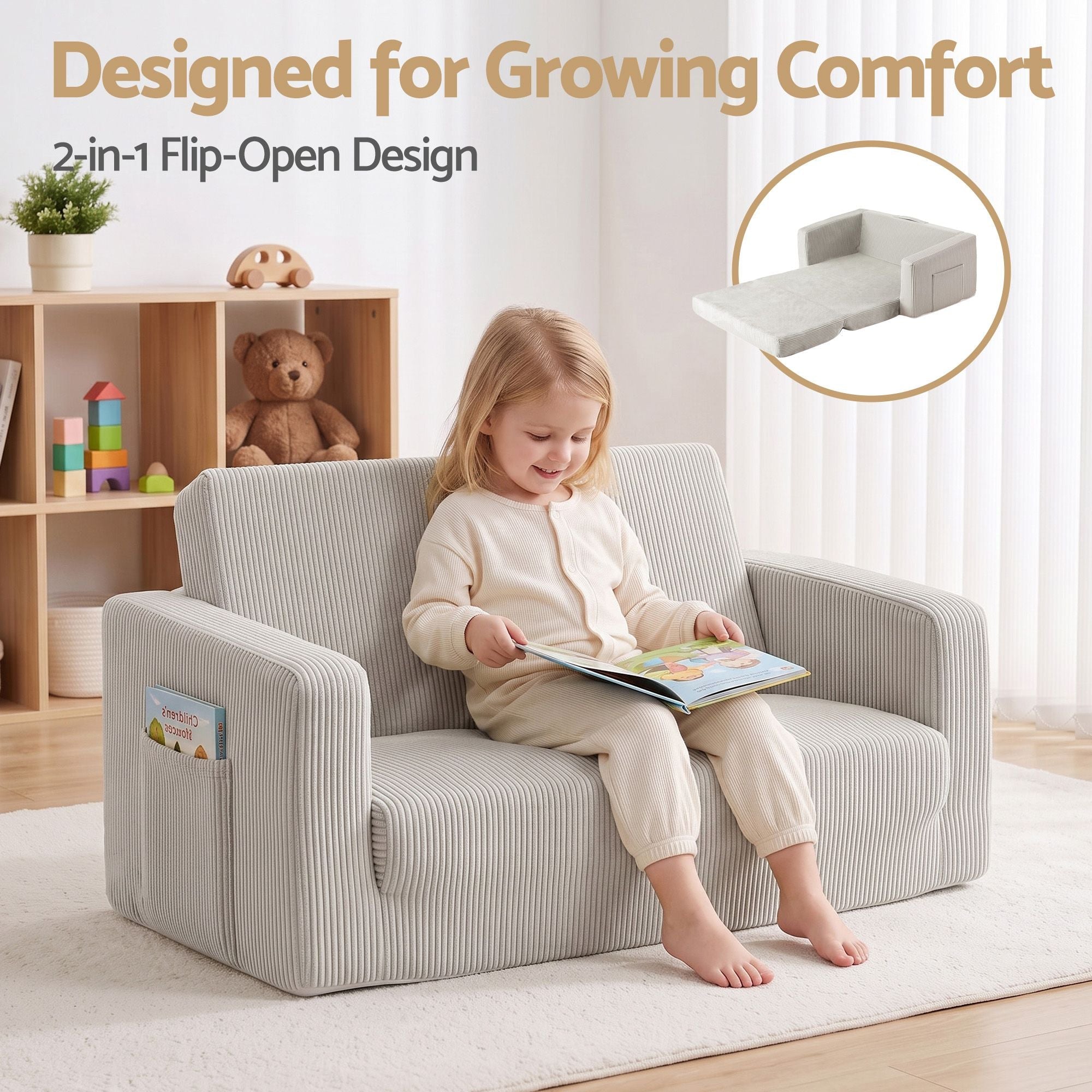 2-in-1 Kids Sofa with Side Pocket and Removable Cover 76x44x39cm - Light Grey - Furniture > Sofas > Sofas & Sofa Beds - Rivercity House & Home Co. (ABN 18 642 972 209) - Affordable Modern Furniture Australia