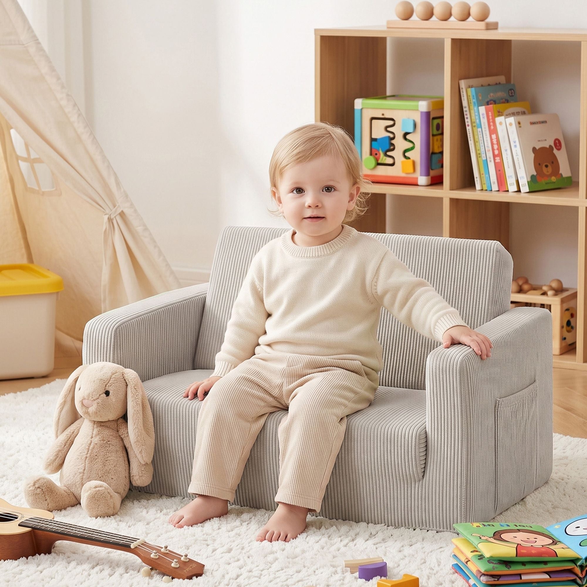 2-in-1 Kids Sofa with Side Pocket and Removable Cover 76x44x39cm - Light Grey - Furniture > Sofas > Sofas & Sofa Beds - Rivercity House & Home Co. (ABN 18 642 972 209) - Affordable Modern Furniture Australia