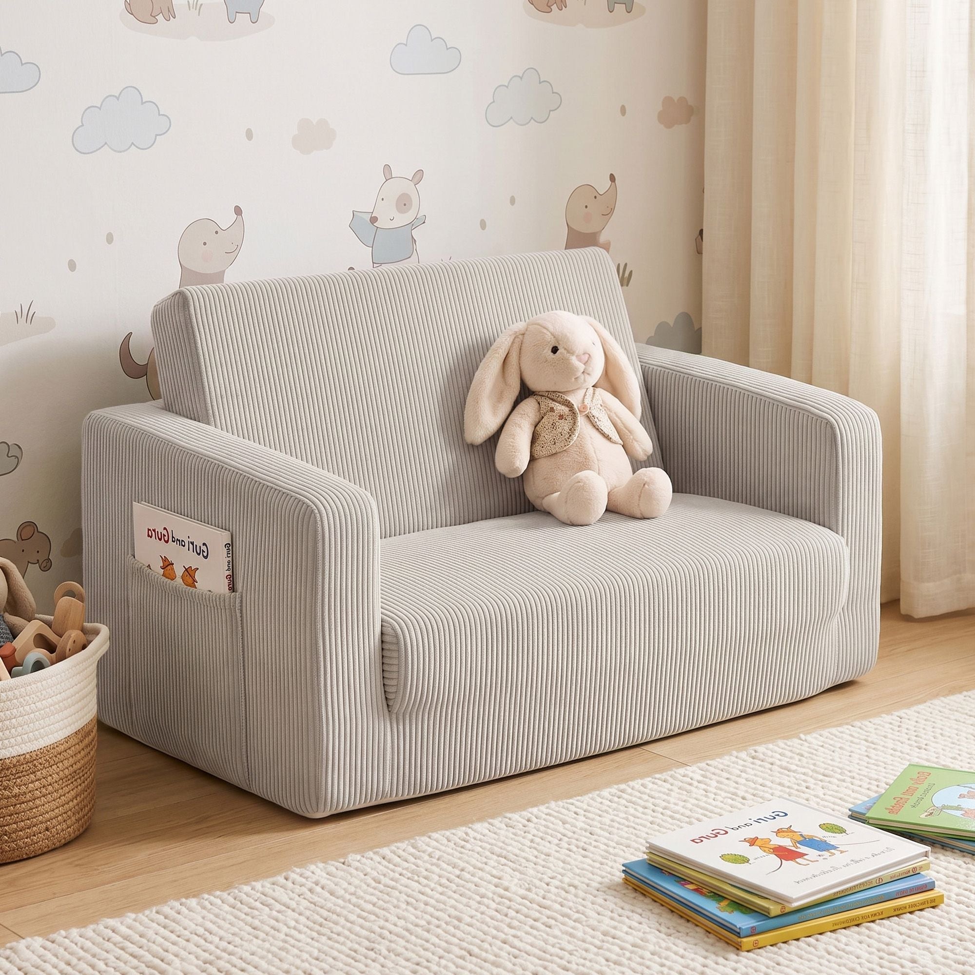 2-in-1 Kids Sofa with Side Pocket and Removable Cover 76x44x39cm - Light Grey - Furniture > Sofas > Sofas & Sofa Beds - Rivercity House & Home Co. (ABN 18 642 972 209) - Affordable Modern Furniture Australia