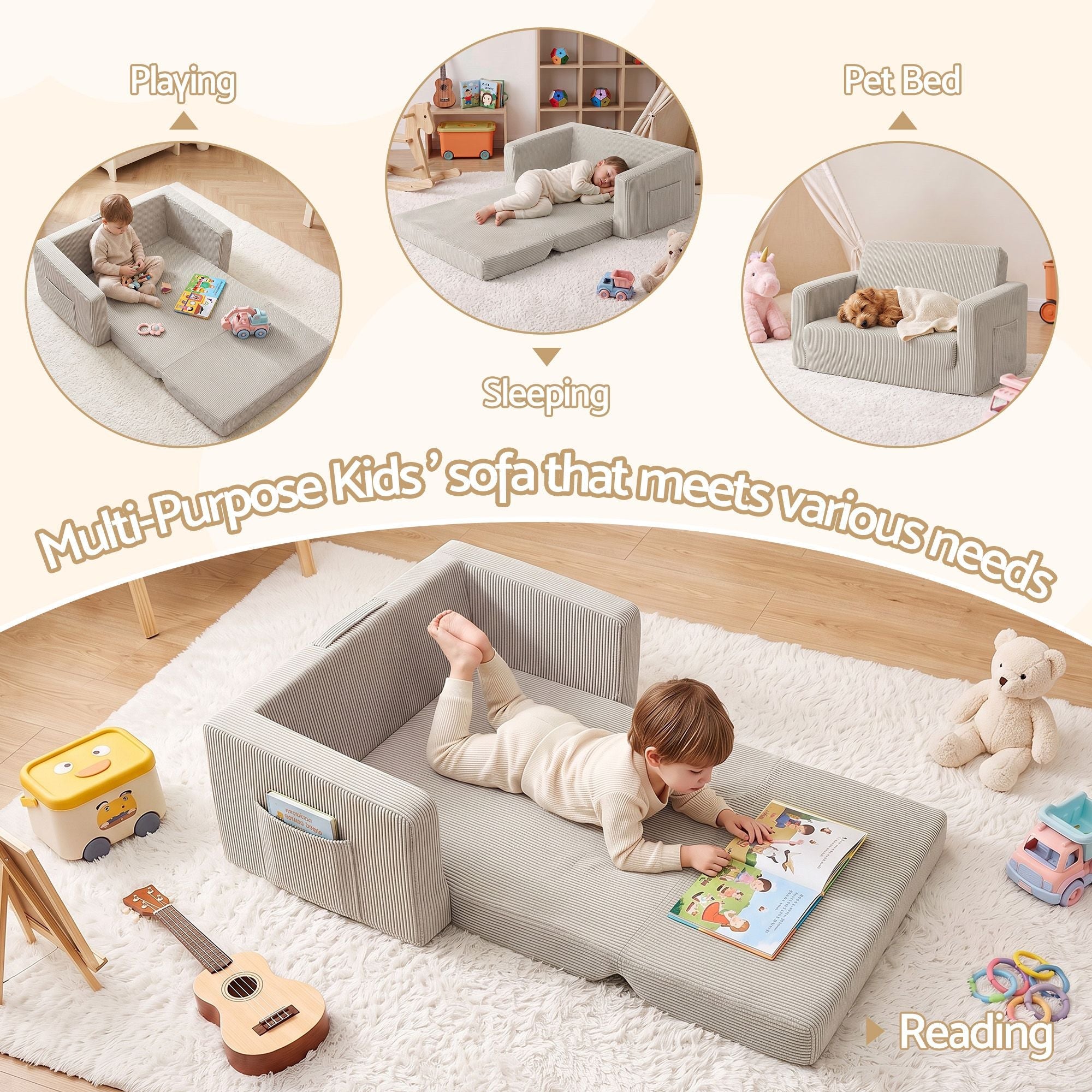 2-in-1 Kids Sofa with Side Pocket and Removable Cover 76x44x39cm - Light Grey - Furniture > Sofas > Sofas & Sofa Beds - Rivercity House & Home Co. (ABN 18 642 972 209) - Affordable Modern Furniture Australia