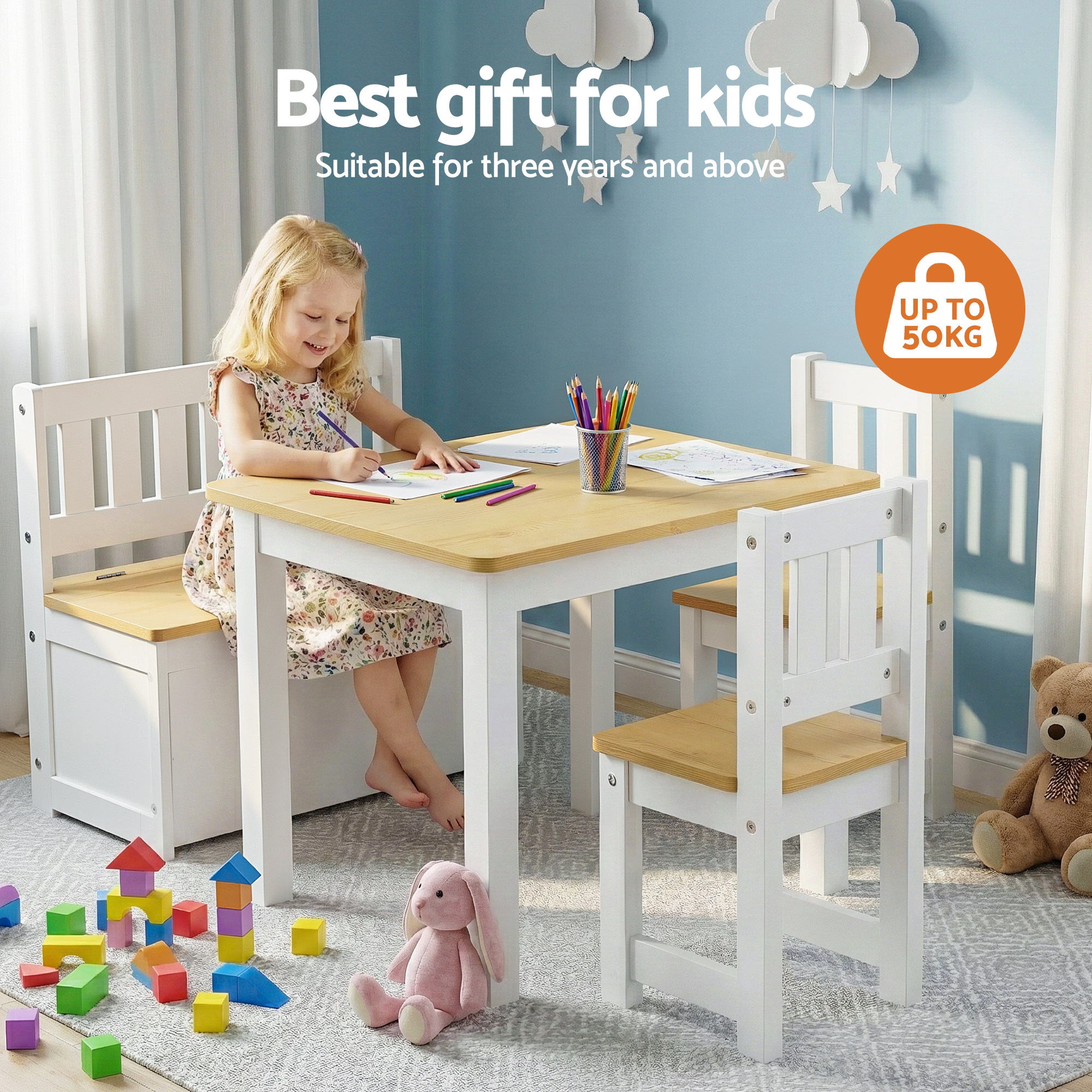 2 in 1 Kids Table and Chair Set, Activity Table with Storage Bench and 2 Chairs for Reading, Drawing, Writing, Snack Time & Arts Crafts, 4 PCS Toddler Table and Chair Set, Natural - Baby & Kids > Kid's Furniture > Kid's Tables, Chairs & Seats - Rivercity House & Home Co. (ABN 18 642 972 209) - Affordable Modern Furniture Australia