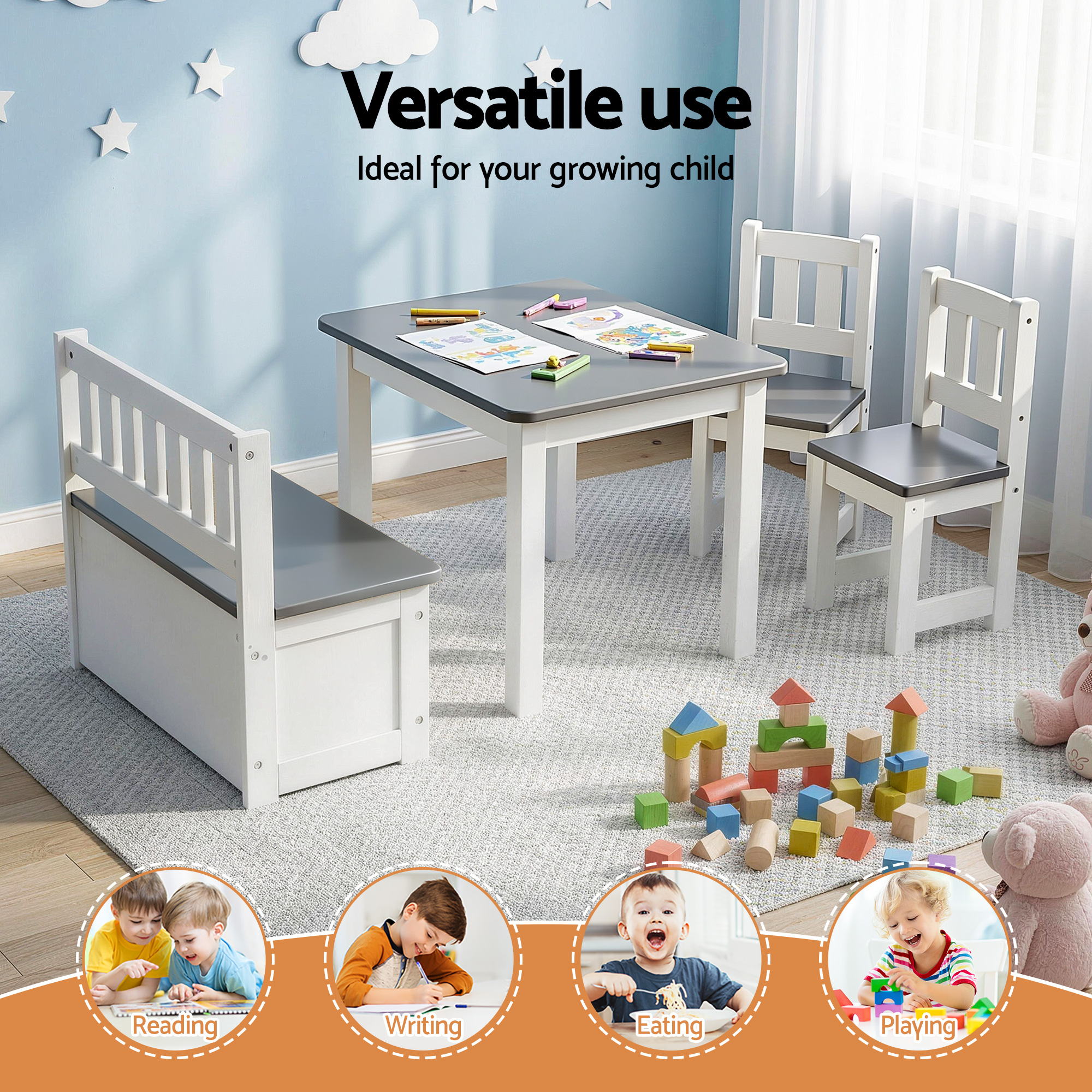 2 in 1 Kids Table and Chair Set, Activity Table with Storage Bench and 2 Chairs for Reading, Drawing, Writing, Snack Time & Arts Crafts, 4 PCS Toddler Table and Chair Set, Grey - Baby & Kids > Kid's Furniture > Kid's Tables, Chairs & Seats - Rivercity House & Home Co. (ABN 18 642 972 209) - Affordable Modern Furniture Australia