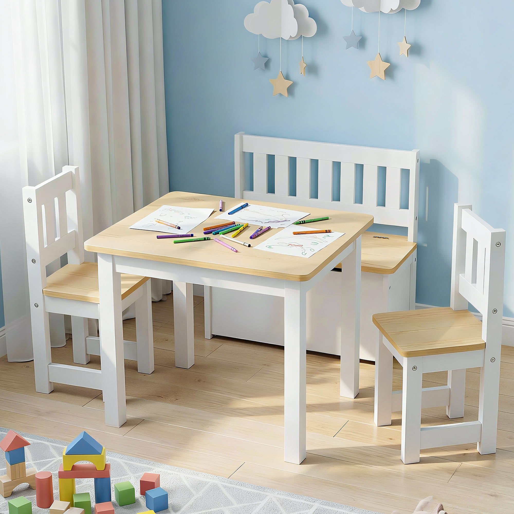 2 in 1 Kids Table and Chair Set, Activity Table with Storage Bench and 2 Chairs for Reading, Drawing, Writing, Snack Time & Arts Crafts, 4 PCS Toddler Table and Chair Set, Natural - Baby & Kids > Kid's Furniture > Kid's Tables, Chairs & Seats - Rivercity House & Home Co. (ABN 18 642 972 209) - Affordable Modern Furniture Australia