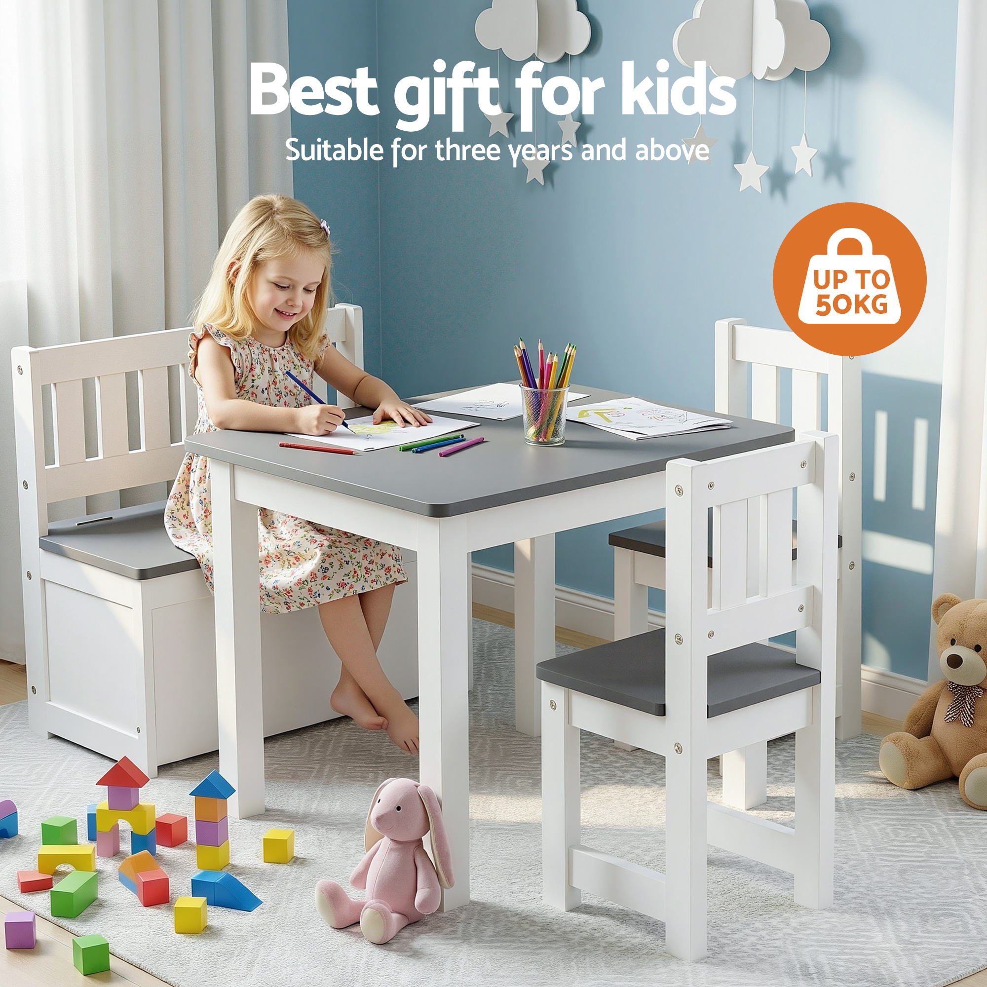 2 in 1 Kids Table and Chair Set, Activity Table with Storage Bench and 2 Chairs for Reading, Drawing, Writing, Snack Time & Arts Crafts, 4 PCS Toddler Table and Chair Set, Grey - Baby & Kids > Kid's Furniture > Kid's Tables, Chairs & Seats - Rivercity House & Home Co. (ABN 18 642 972 209) - Affordable Modern Furniture Australia