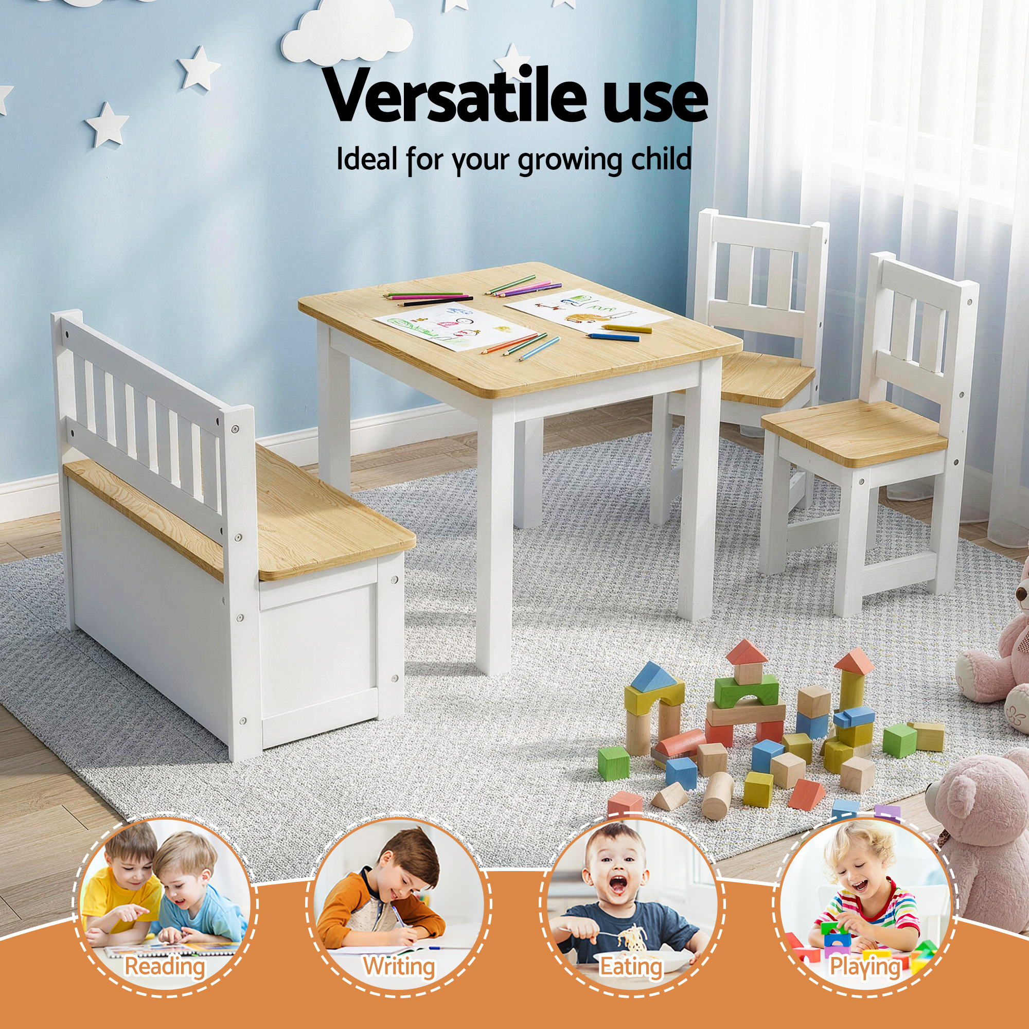 2 in 1 Kids Table and Chair Set, Activity Table with Storage Bench and 2 Chairs for Reading, Drawing, Writing, Snack Time & Arts Crafts, 4 PCS Toddler Table and Chair Set, Natural - Baby & Kids > Kid's Furniture > Kid's Tables, Chairs & Seats - Rivercity House & Home Co. (ABN 18 642 972 209) - Affordable Modern Furniture Australia