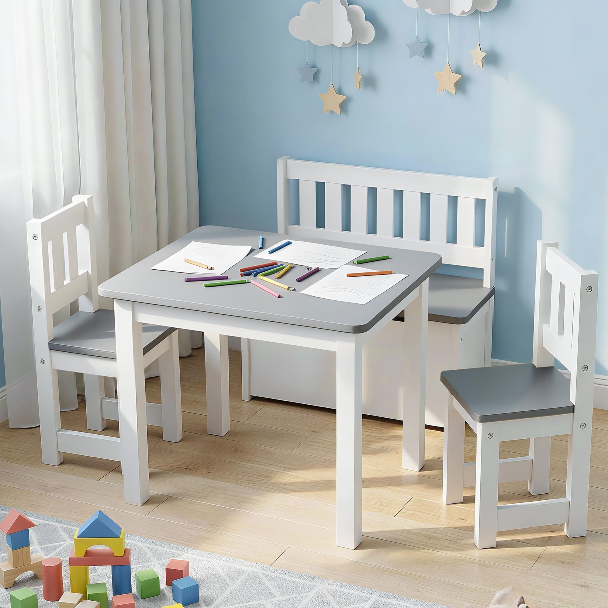 2 in 1 Kids Table and Chair Set, Activity Table with Storage Bench and 2 Chairs for Reading, Drawing, Writing, Snack Time & Arts Crafts, 4 PCS Toddler Table and Chair Set, Grey - Baby & Kids > Kid's Furniture > Kid's Tables, Chairs & Seats - Rivercity House & Home Co. (ABN 18 642 972 209) - Affordable Modern Furniture Australia