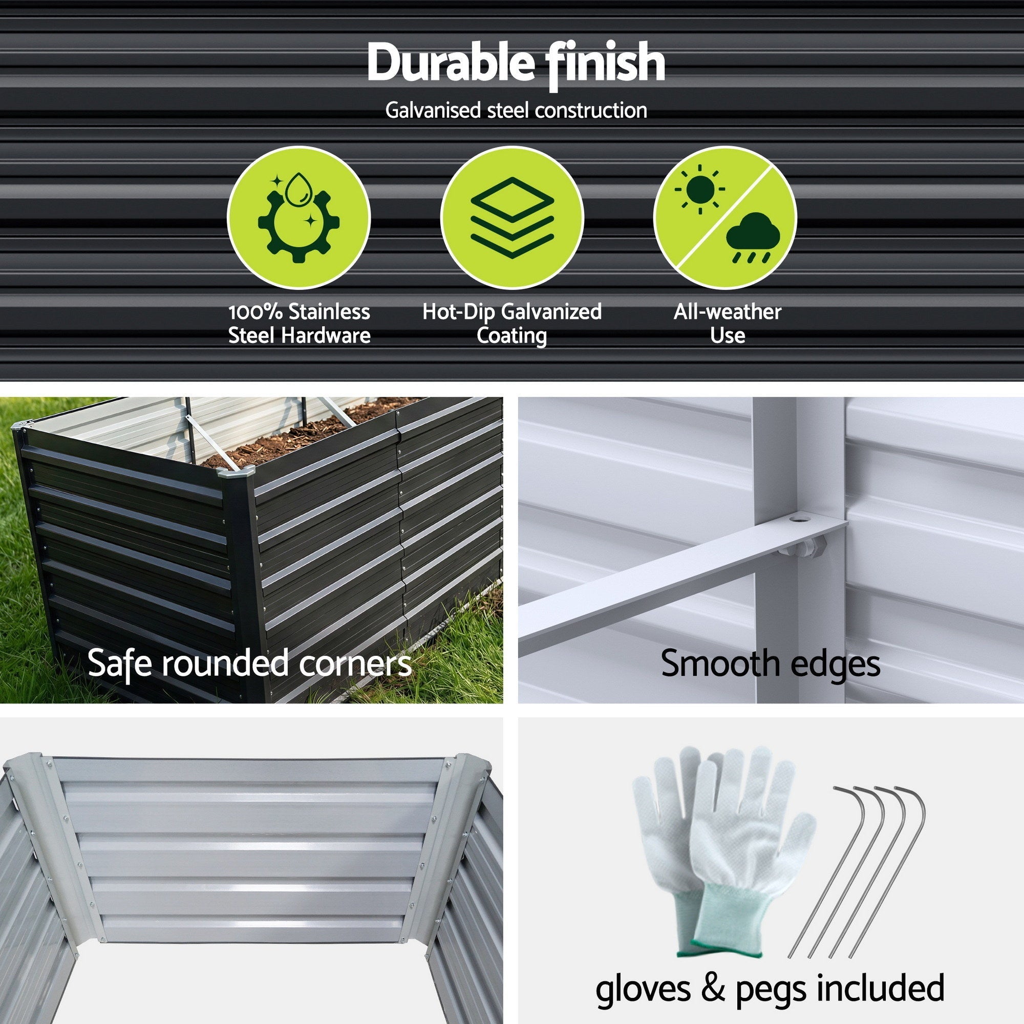 2 - in - 1 Raised Garden Bed Kit, 320cm/160cm| 77cm Extra Deep Ergonomic Planter Box | Protect Your Back | Galvanised Steel Vegetable Flower Pot for Outdoor Garden | Includes Gloves & Pegs - Home & Garden > Garden Beds > Garden Beds & Planters - Rivercity House & Home Co. (ABN 18 642 972 209) - Affordable Modern Furniture Australia