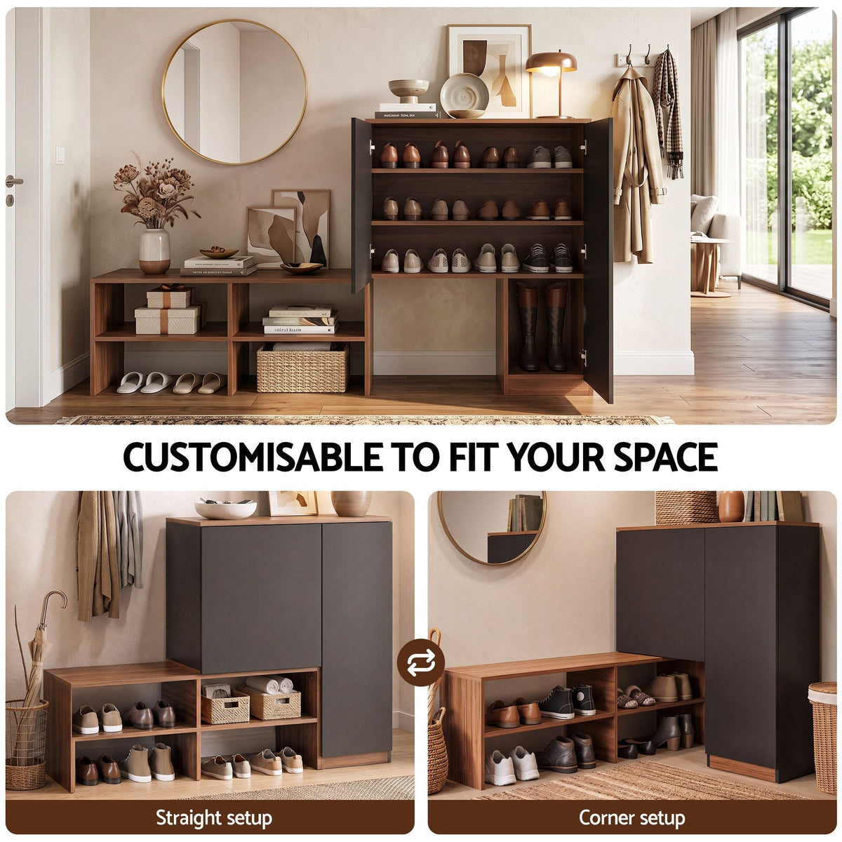 2-in-1 Shoe Cabinet Bench with Adjustable Shelf for Hallway - Walnut & Black - Furniture > Living Room > Shoe Storage - Rivercity House & Home Co. (ABN 18 642 972 209) - Affordable Modern Furniture Australia