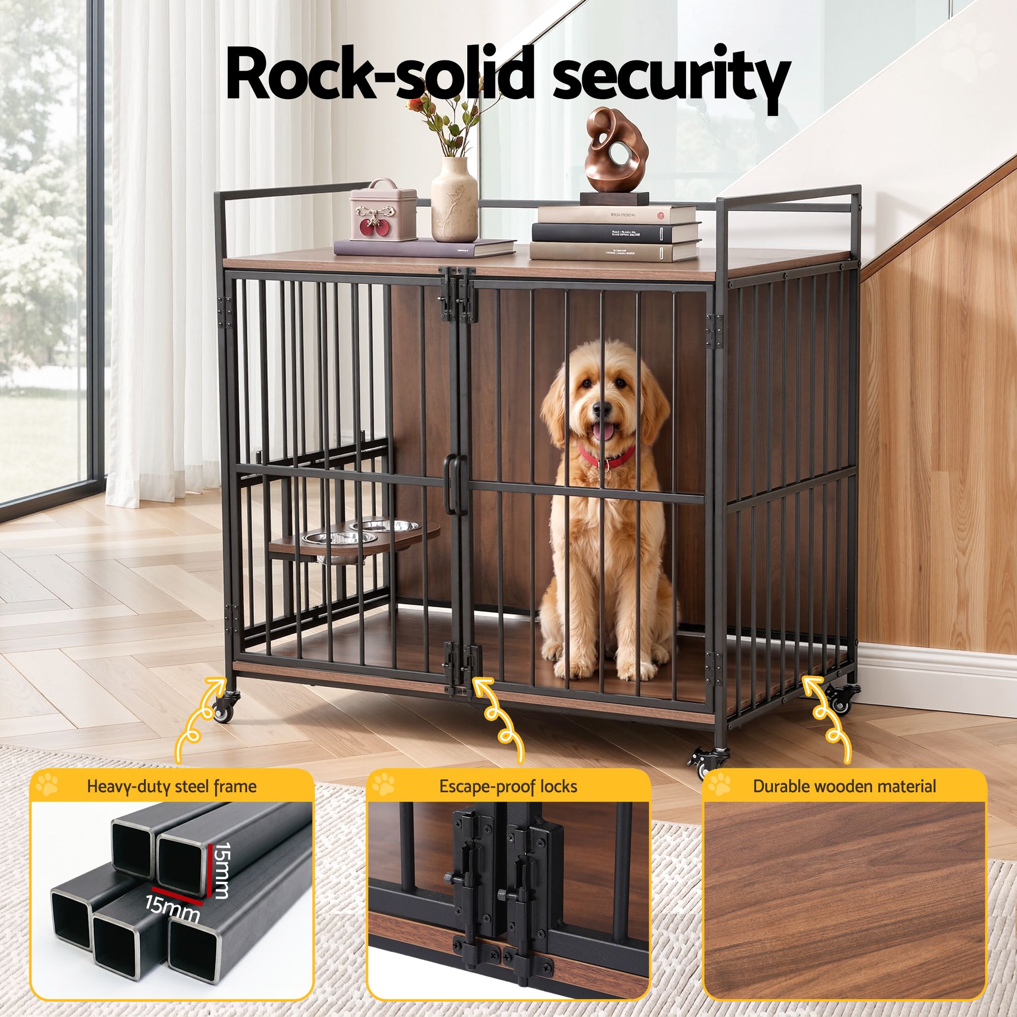 2-in-1 Wooden Dog Crate and End Table 99cm with Wheels - Black - Pet Care > Dog Supplies > Dog Kennels - Rivercity House & Home Co. (ABN 18 642 972 209) - Affordable Modern Furniture Australia