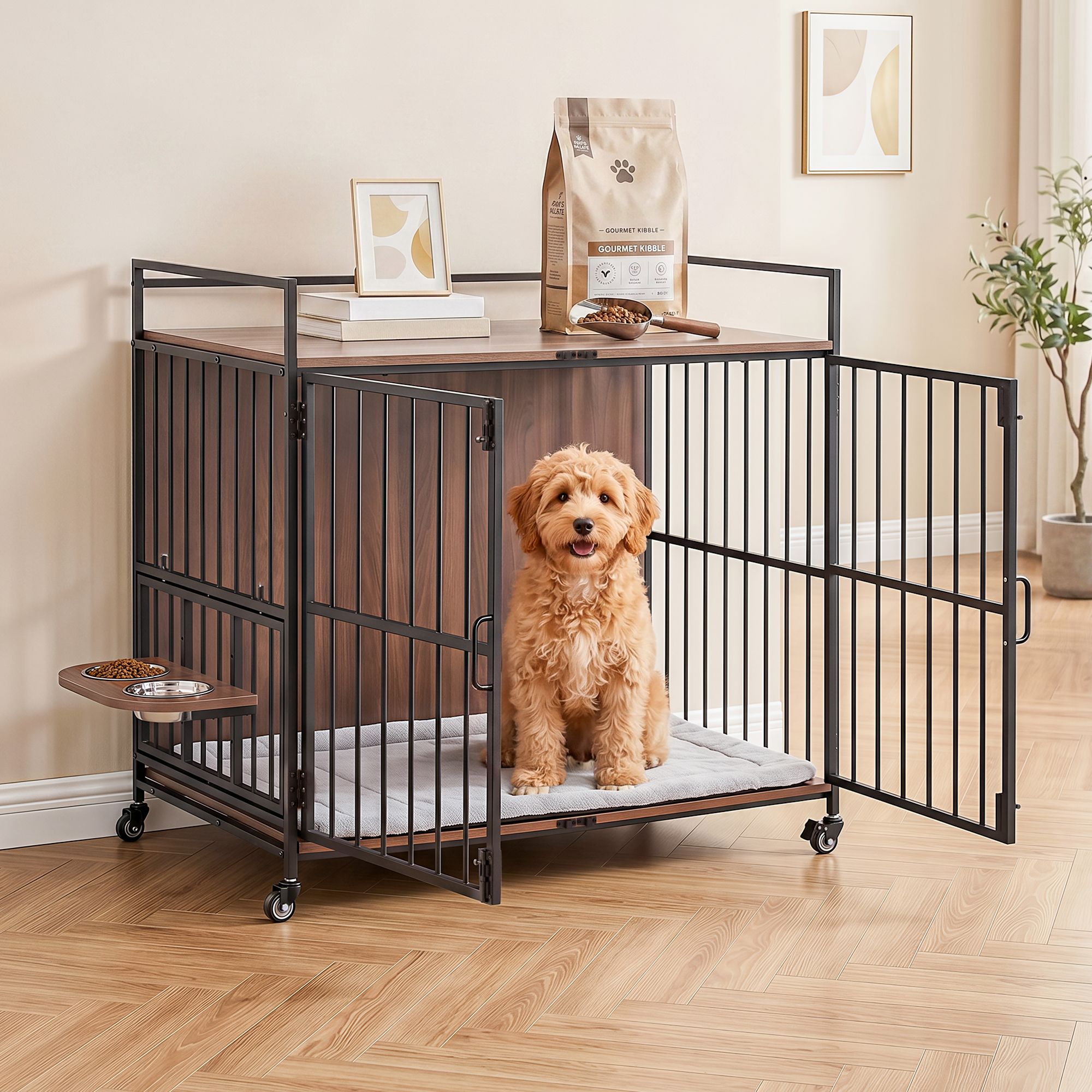 2-in-1 Wooden Dog Crate and End Table 99cm with Wheels - Black - Pet Care > Dog Supplies > Dog Kennels - Rivercity House & Home Co. (ABN 18 642 972 209) - Affordable Modern Furniture Australia