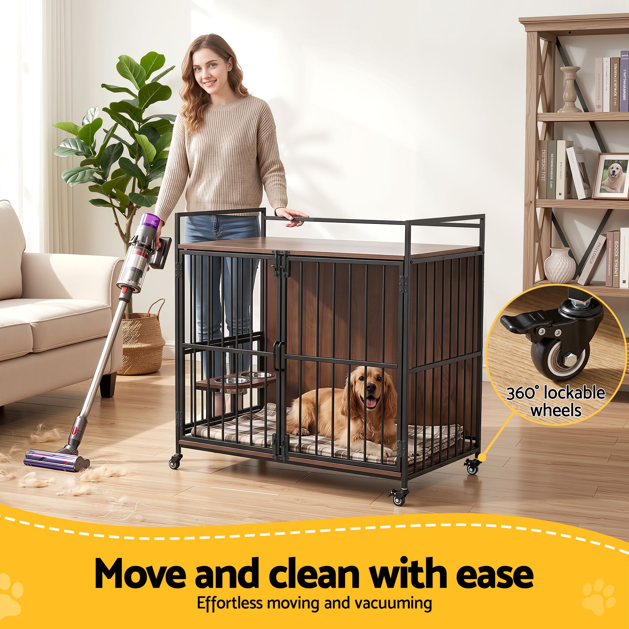 2-in-1 Wooden Dog Crate and End Table 99cm with Wheels - Black - Pet Care > Dog Supplies > Dog Kennels - Rivercity House & Home Co. (ABN 18 642 972 209) - Affordable Modern Furniture Australia