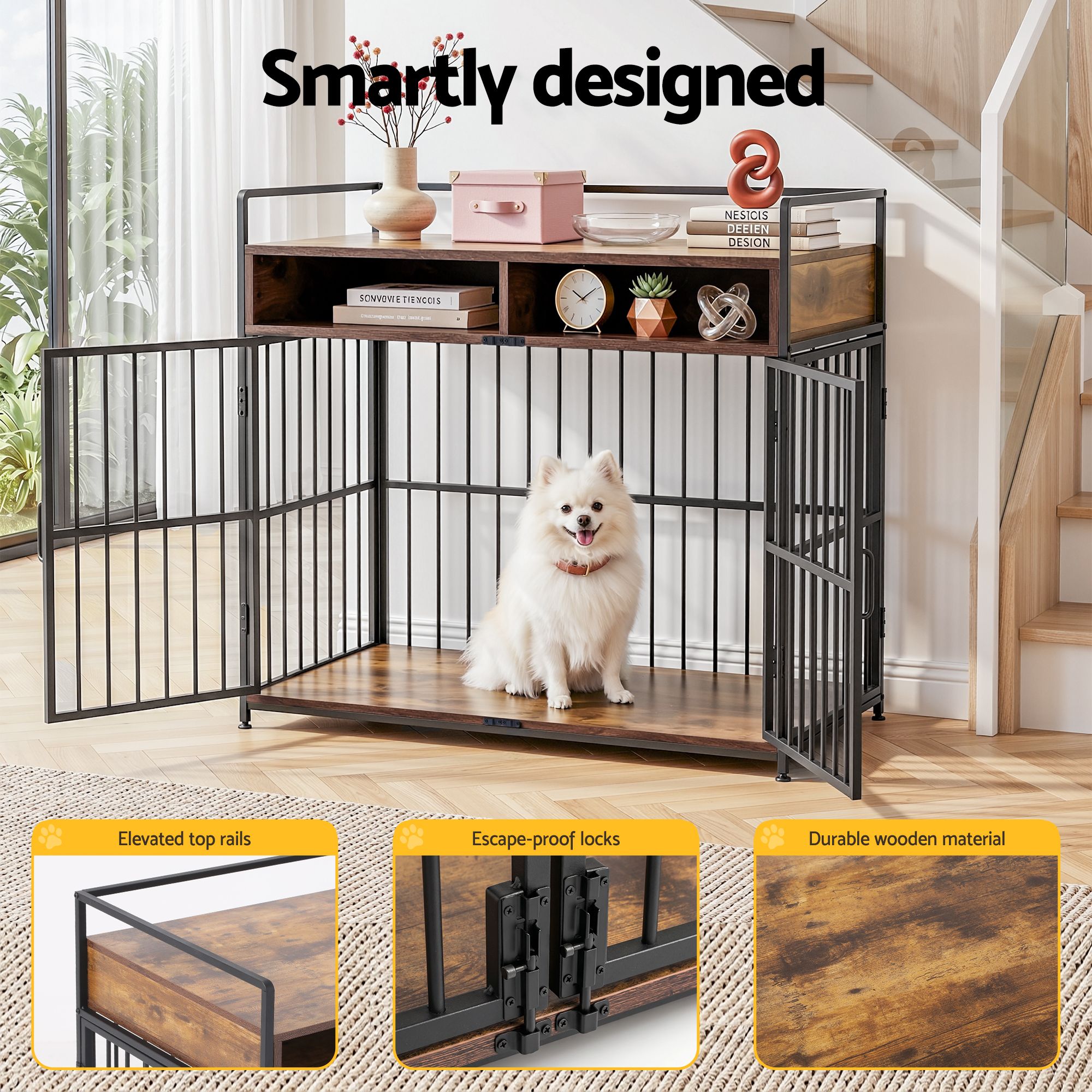 2-in-1 Wooden Dog Crate with Storage and End Table 104cm - Black - Pet Care > Dog Supplies > Dog Kennels - Rivercity House & Home Co. (ABN 18 642 972 209) - Affordable Modern Furniture Australia
