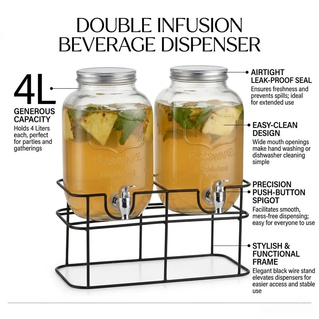 2 Pack 4L Glass Drink Dispensers with Stand - Transparent - Appliances > Kitchen Appliances > Coffee Machines & Accessories - Rivercity House & Home Co. (ABN 18 642 972 209) - Affordable Modern Furniture Australia